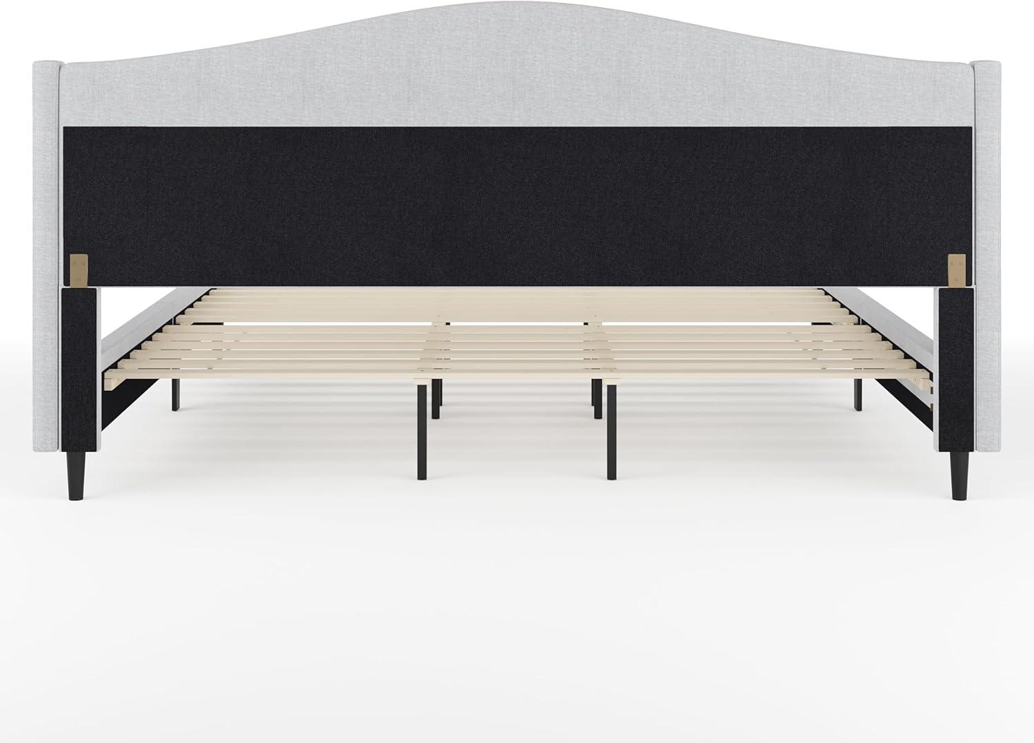 imageMartha Stewart Amelia Platform Bed with Curved Headboard and Cushioned Side Rails Boucle Upholstery Wood Slat Foundation No Box Spring Needed Queen OffWhite BoucleGray FabricBlack Legs