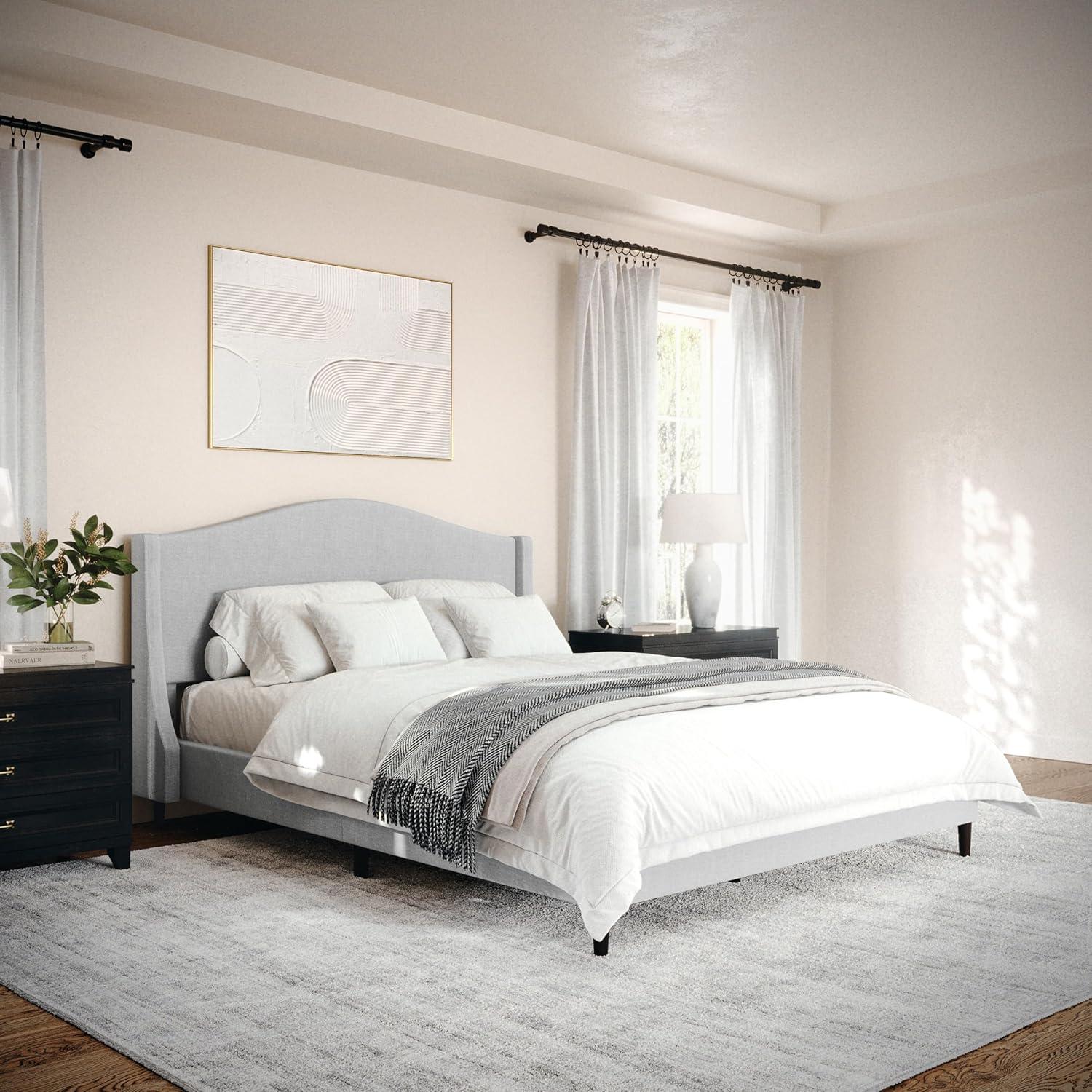 imageMartha Stewart Amelia Platform Bed with Curved Headboard and Cushioned Side Rails Boucle Upholstery Wood Slat Foundation No Box Spring Needed Queen OffWhite BoucleGray FabricBlack Legs
