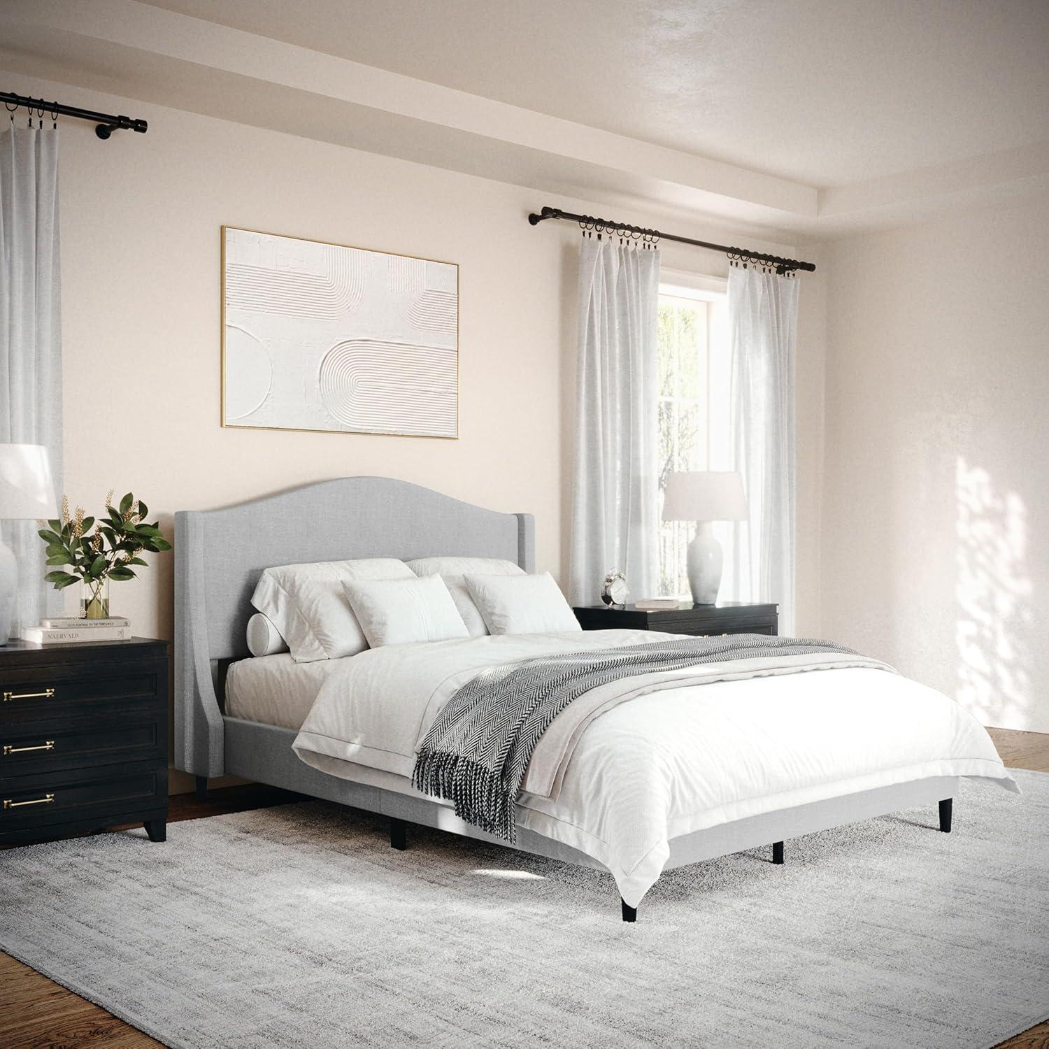 imageMartha Stewart Amelia Platform Bed with Curved Headboard and Cushioned Side Rails Boucle Upholstery Wood Slat Foundation No Box Spring Needed Queen OffWhite BoucleGray FabricBlack Legs