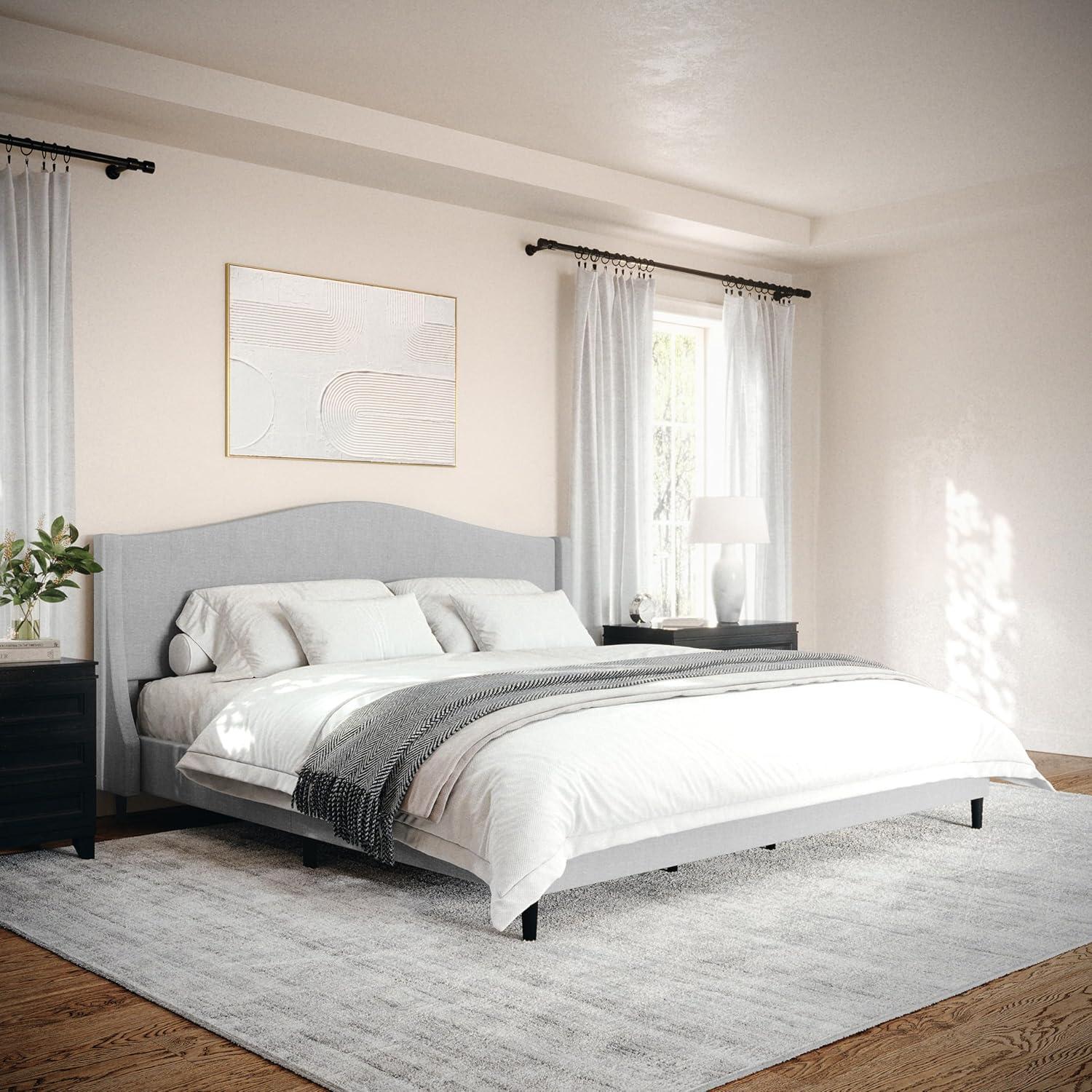imageMartha Stewart Amelia Platform Bed with Curved Headboard and Cushioned Side Rails Boucle Upholstery Wood Slat Foundation No Box Spring Needed Queen OffWhite BoucleGray FabricBlack Legs