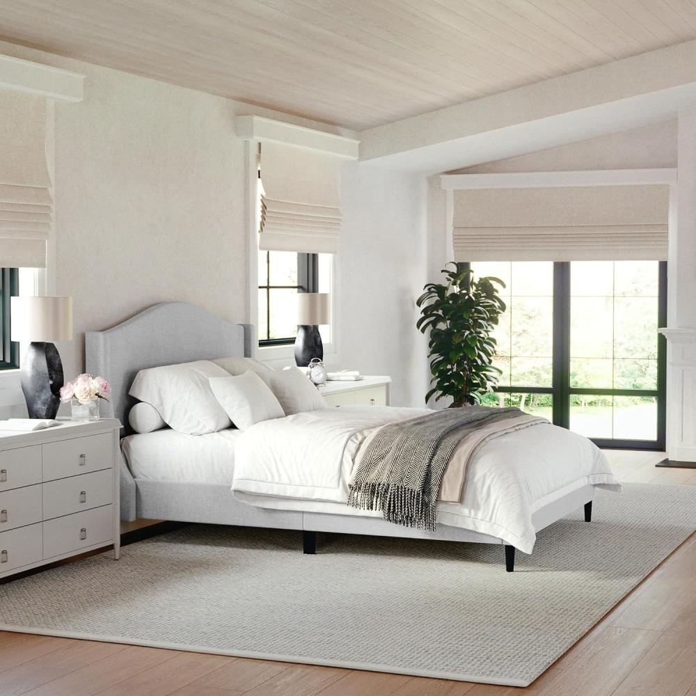 imageMartha Stewart Amelia Platform Bed with Curved Headboard and Cushioned Side Rails Boucle Upholstery Wood Slat Foundation No Box Spring Needed Queen OffWhite BoucleGray FabricBlack Legs