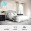 Martha Stewart Amelia Platform Bed with Curved Headboard and Cushioned Side Rails, Boucle Upholstery, Wood Slat Foundation, No Box Spring Needed, Queen, Off-White Boucle(Gray Fabric/Black Legs)