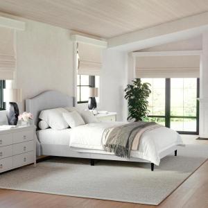 Martha Stewart Amelia Platform Bed with Curved Headboard and Cushioned Side Rails, Boucle Upholstery, Wood Slat Foundation, No Box Spring Needed, Queen, Off-White Boucle(Gray Fabric/Black Legs)
