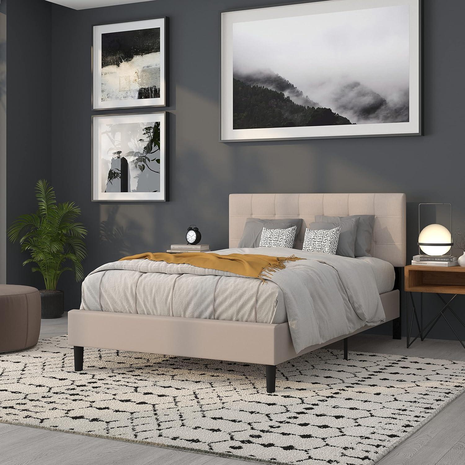 imageFlash Furniture Bedford Box Stitch Tufted Upholstered Twin Size Headboard in Black FabricBeige