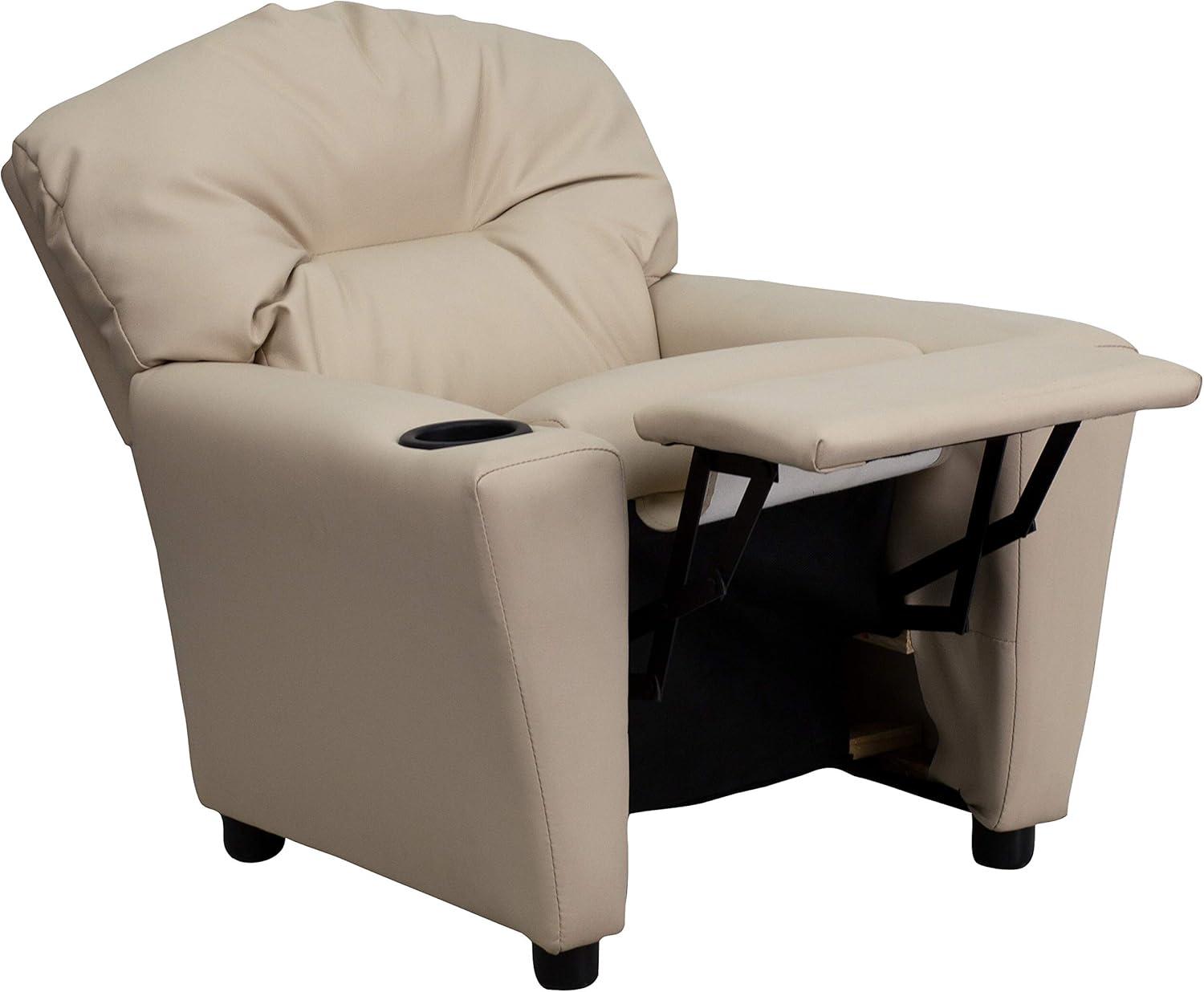 imageFlash Furniture Chandler LeatherSoft Kids Recliner with Cup Holder and Safety Recline Contemporary Reclining Chair for Kids Supports up to 90 lbs BlackBeige Vinyl