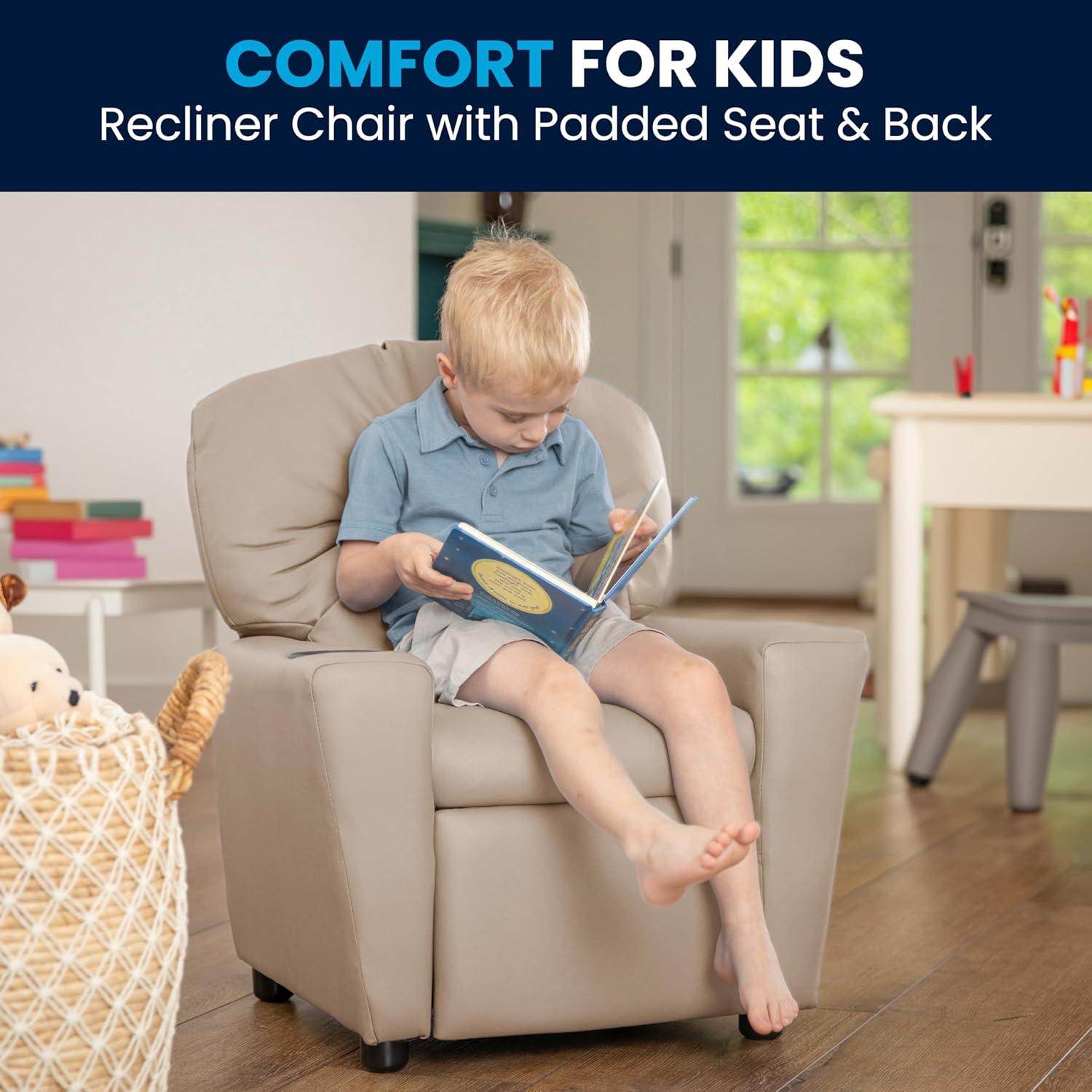 imageFlash Furniture Chandler LeatherSoft Kids Recliner with Cup Holder and Safety Recline Contemporary Reclining Chair for Kids Supports up to 90 lbs BlackBeige Vinyl
