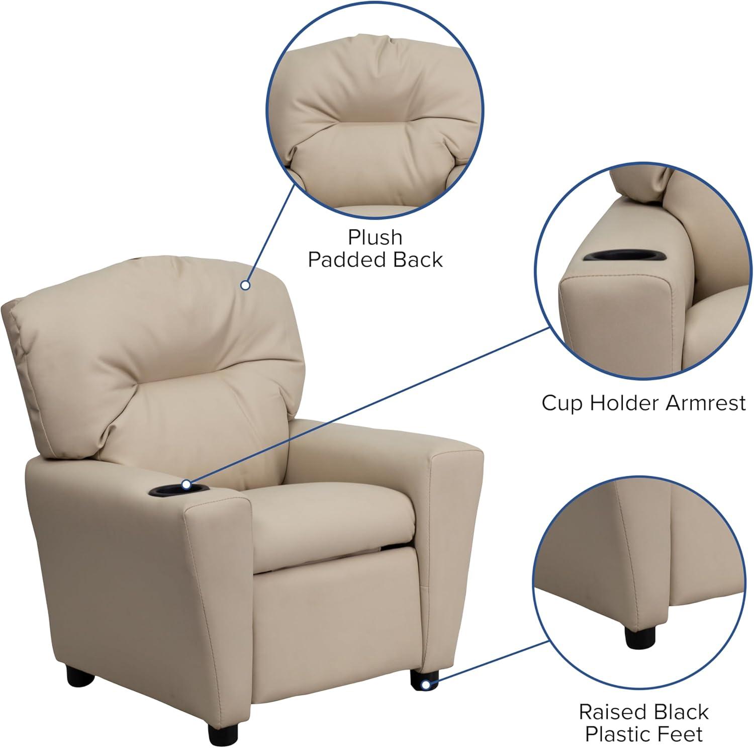 imageFlash Furniture Chandler LeatherSoft Kids Recliner with Cup Holder and Safety Recline Contemporary Reclining Chair for Kids Supports up to 90 lbs BlackBeige Vinyl
