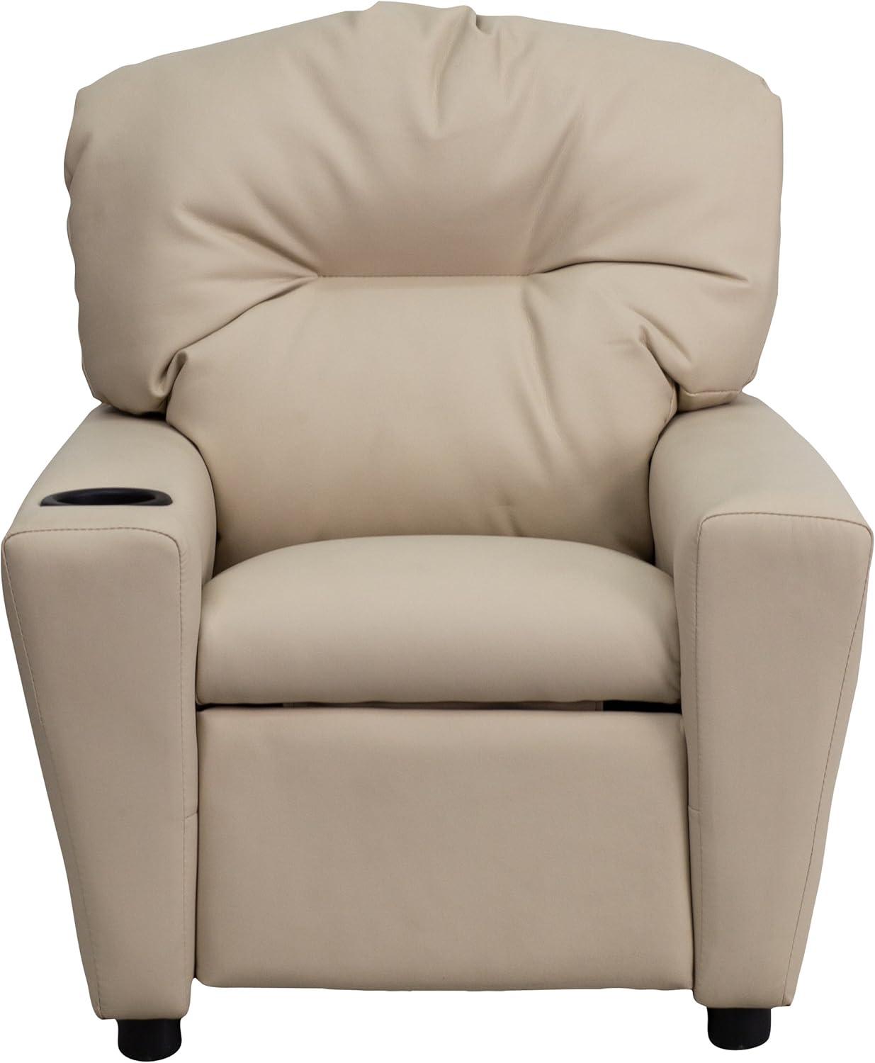 imageFlash Furniture Chandler LeatherSoft Kids Recliner with Cup Holder and Safety Recline Contemporary Reclining Chair for Kids Supports up to 90 lbs BlackBeige Vinyl