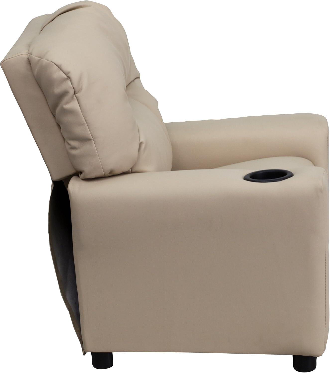 imageFlash Furniture Chandler LeatherSoft Kids Recliner with Cup Holder and Safety Recline Contemporary Reclining Chair for Kids Supports up to 90 lbs BlackBeige Vinyl
