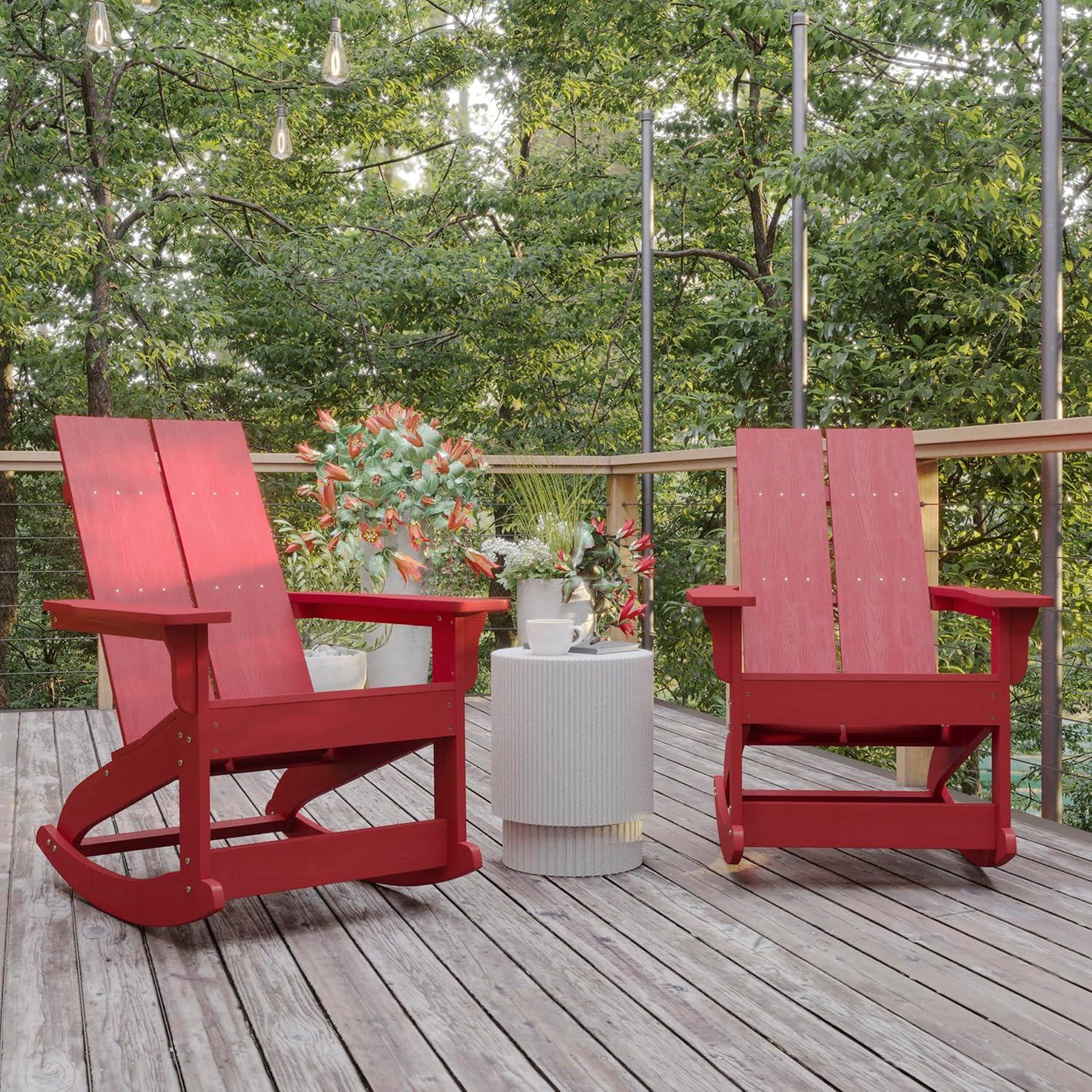 imageFlash Furniture Finn Modern Commercial Grade Poly Resin Wood Adirondack Rocking Chair All Weather Red Polystyrene Dual Slat Back Stainless Steel HardwareRed