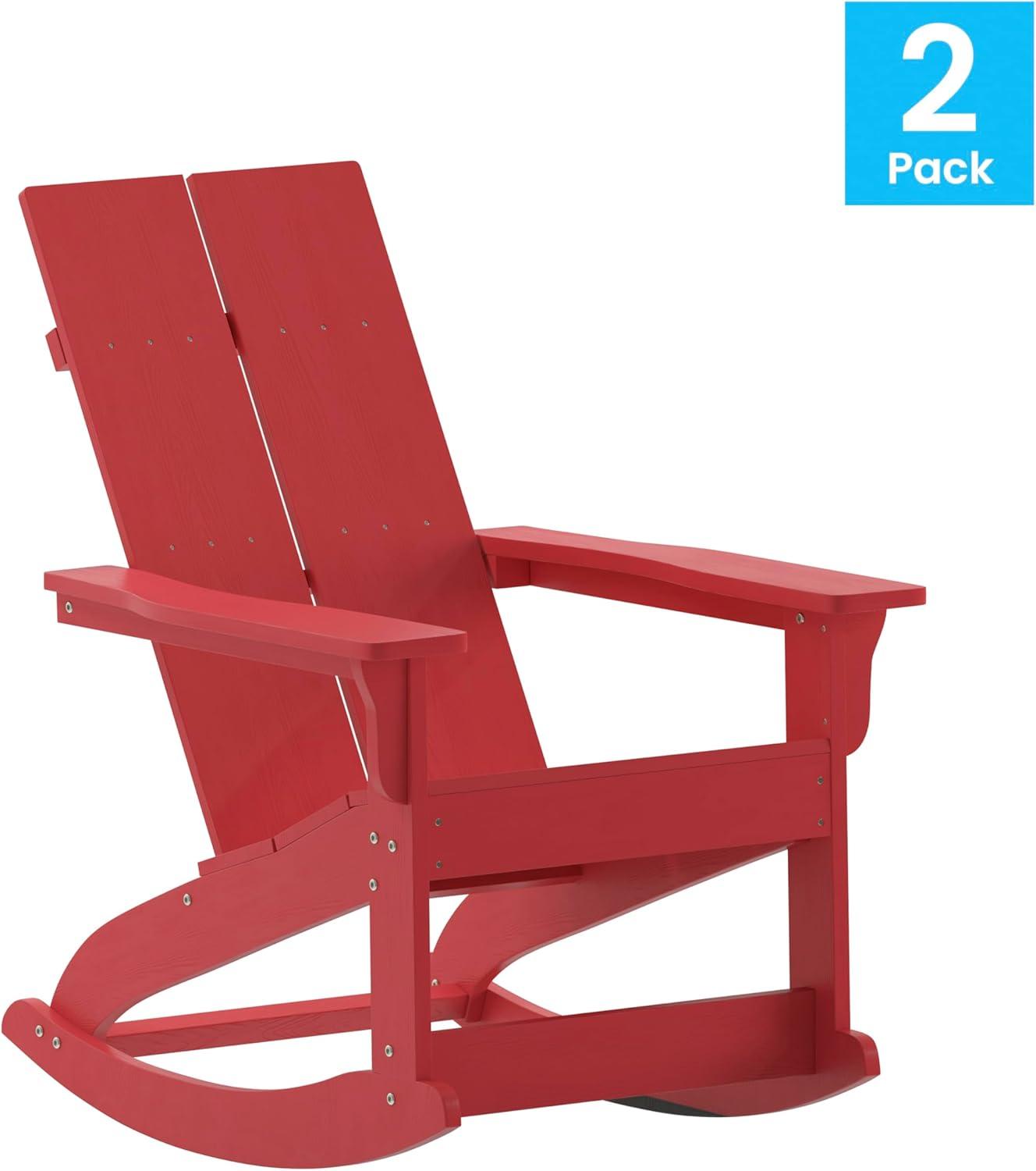 imageFlash Furniture Finn Modern Commercial Grade Poly Resin Wood Adirondack Rocking Chair All Weather Red Polystyrene Dual Slat Back Stainless Steel HardwareRed