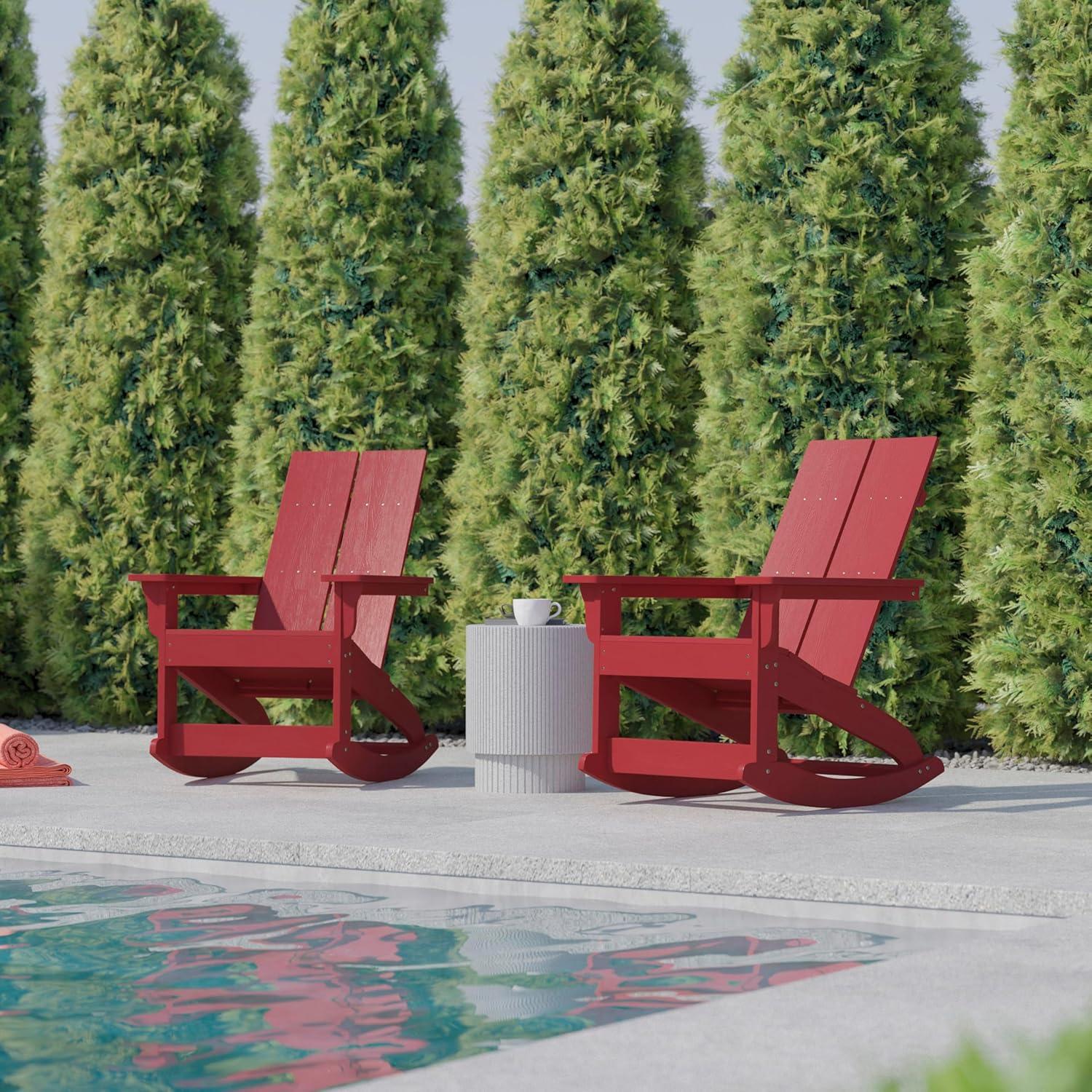 imageFlash Furniture Finn Modern Commercial Grade Poly Resin Wood Adirondack Rocking Chair All Weather Red Polystyrene Dual Slat Back Stainless Steel HardwareRed