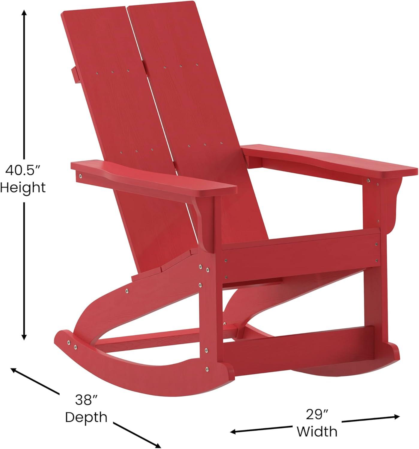 imageFlash Furniture Finn Modern Commercial Grade Poly Resin Wood Adirondack Rocking Chair All Weather Red Polystyrene Dual Slat Back Stainless Steel HardwareRed