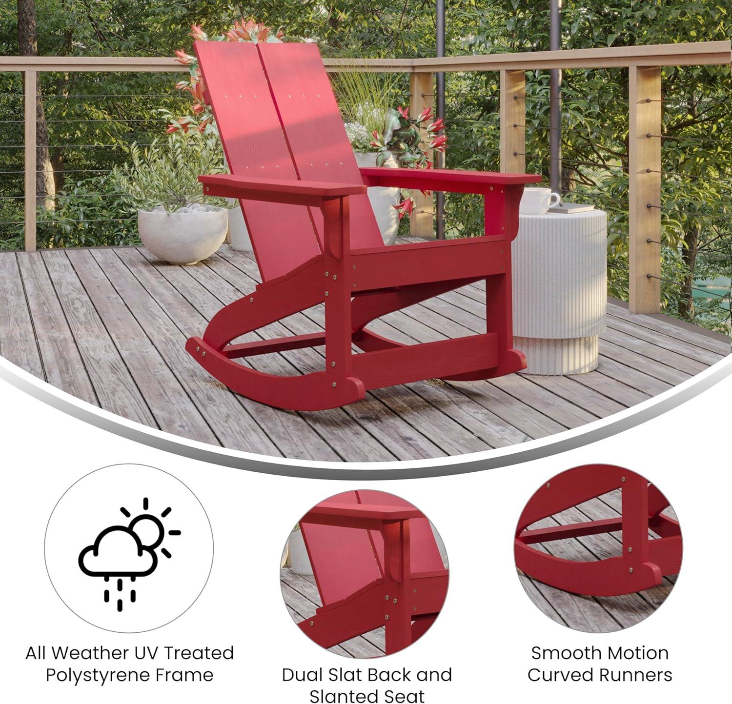 imageFlash Furniture Finn Modern Commercial Grade Poly Resin Wood Adirondack Rocking Chair All Weather Red Polystyrene Dual Slat Back Stainless Steel HardwareRed