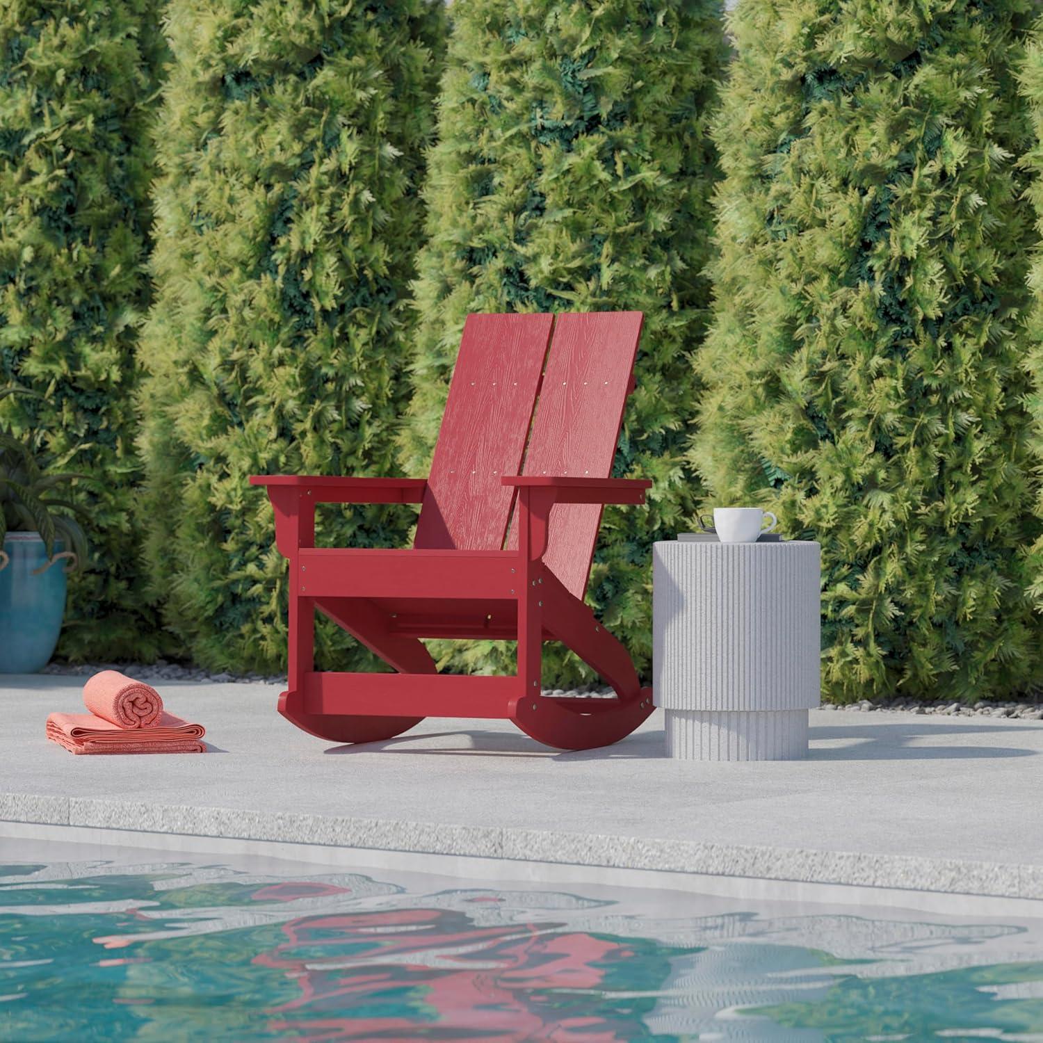 imageFlash Furniture Finn Modern Commercial Grade Poly Resin Wood Adirondack Rocking Chair All Weather Red Polystyrene Dual Slat Back Stainless Steel HardwareRed