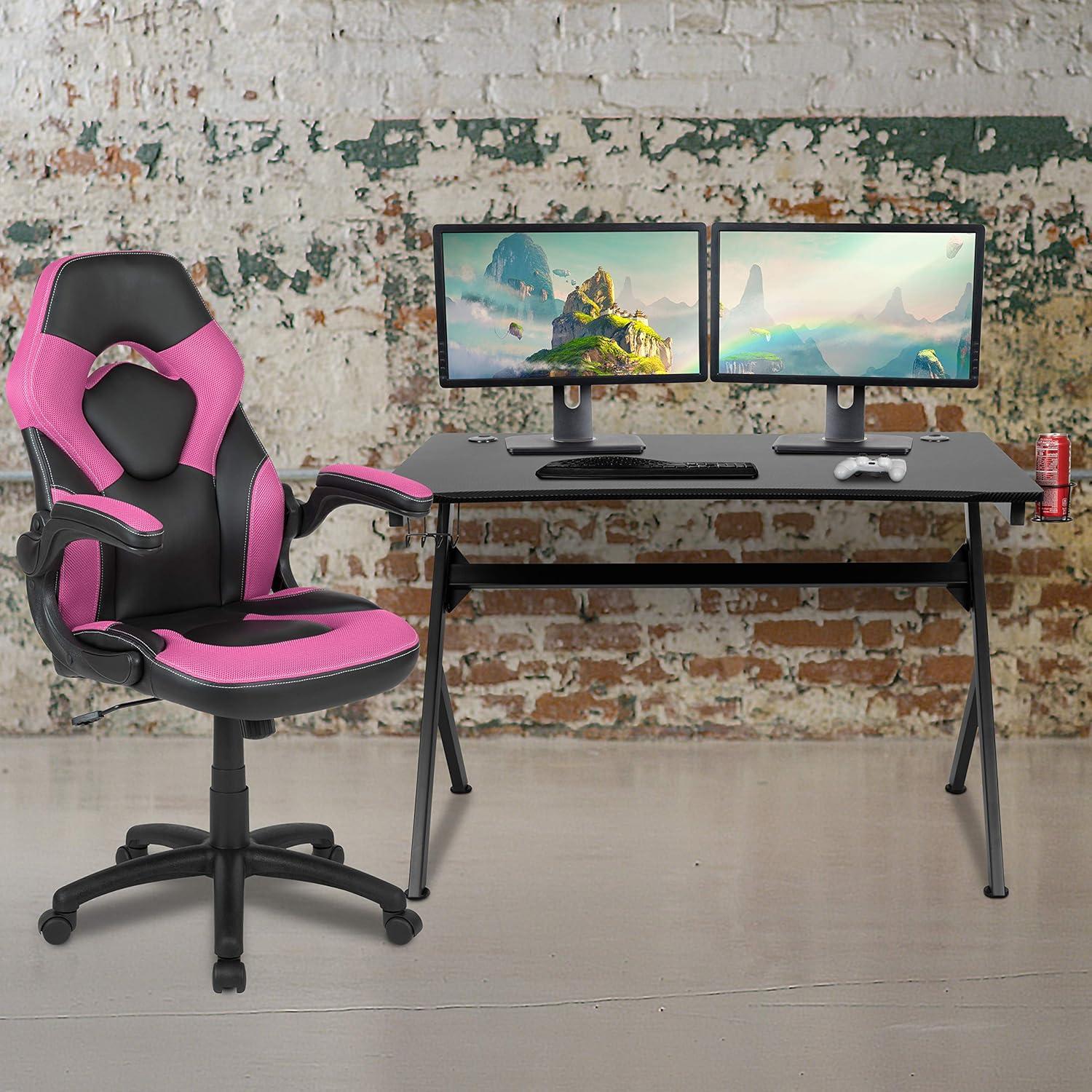 imageFlash Furniture Gaming Desk and Black Racing Chair SetCup HolderHeadphone HookRemovable Mouse Pad Top 2 Wire Management HolesPink