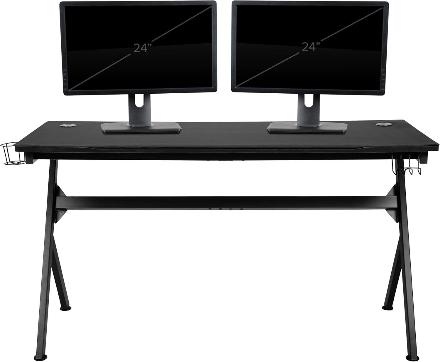 imageFlash Furniture Gaming Desk and Black Racing Chair SetCup HolderHeadphone HookRemovable Mouse Pad Top 2 Wire Management HolesPink