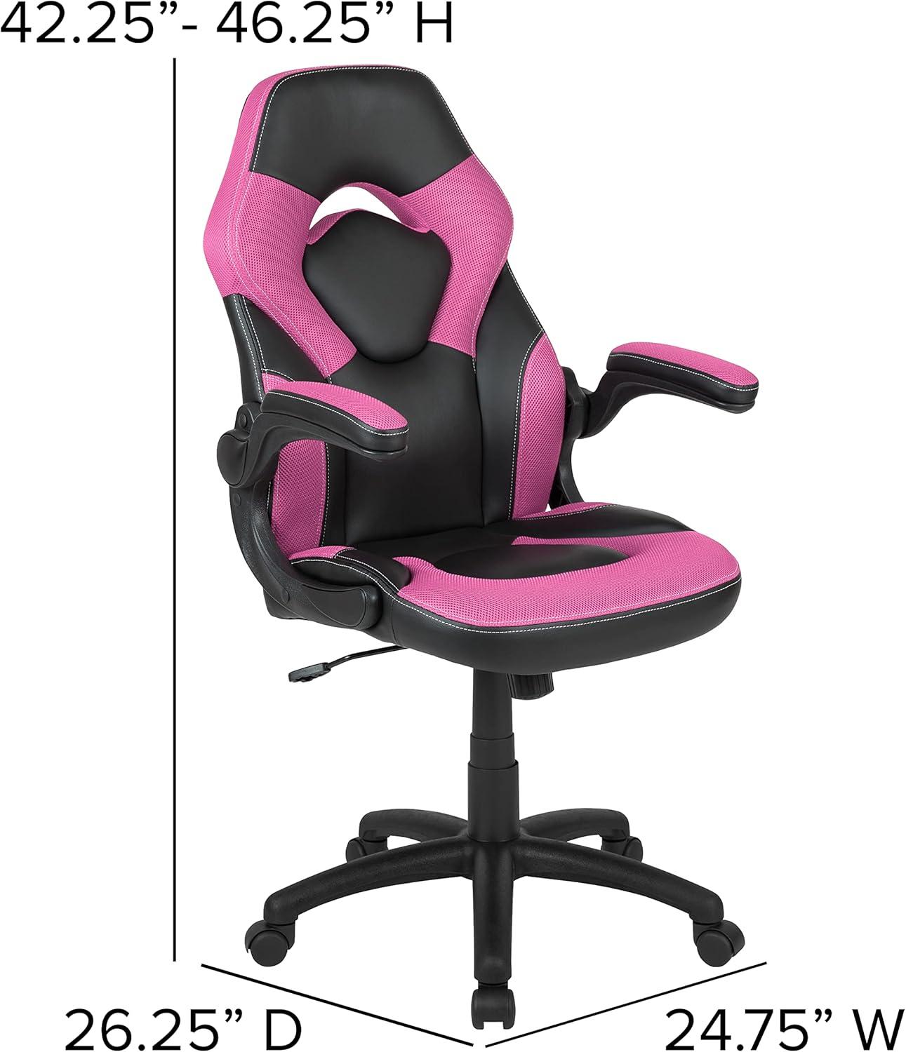 imageFlash Furniture Gaming Desk and Black Racing Chair SetCup HolderHeadphone HookRemovable Mouse Pad Top 2 Wire Management HolesPink