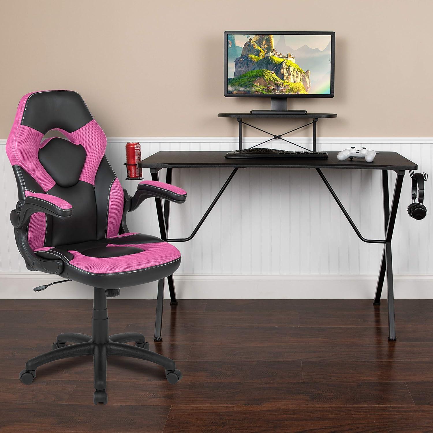 imageFlash Furniture Gaming Desk and Black Racing Chair SetCup HolderHeadphone HookRemovable Mouse Pad Top 2 Wire Management HolesPink