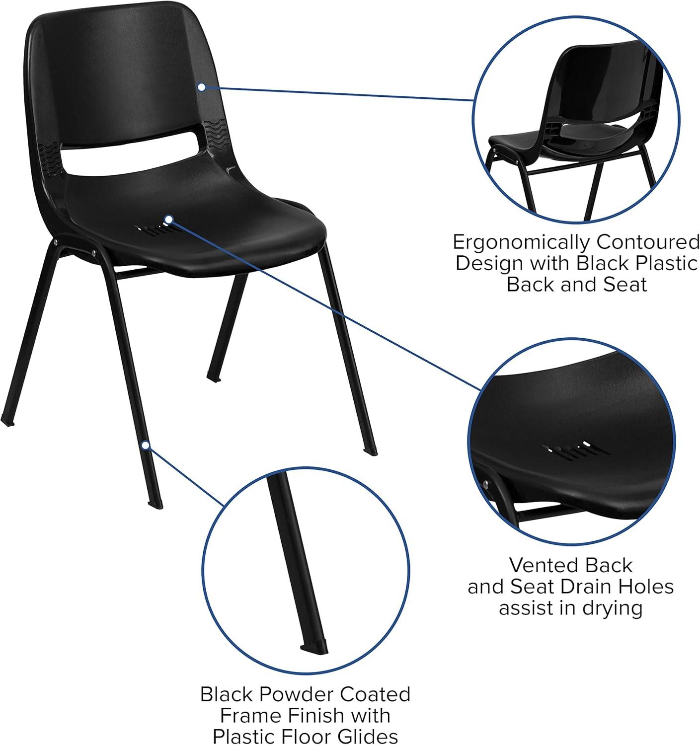 imageFlash Furniture HERCULES Series 661 lb Capacity Black Ergonomic Shell Stack Chair with Black Frame and 16 Seat HeightBlack PlasticBlack Frame