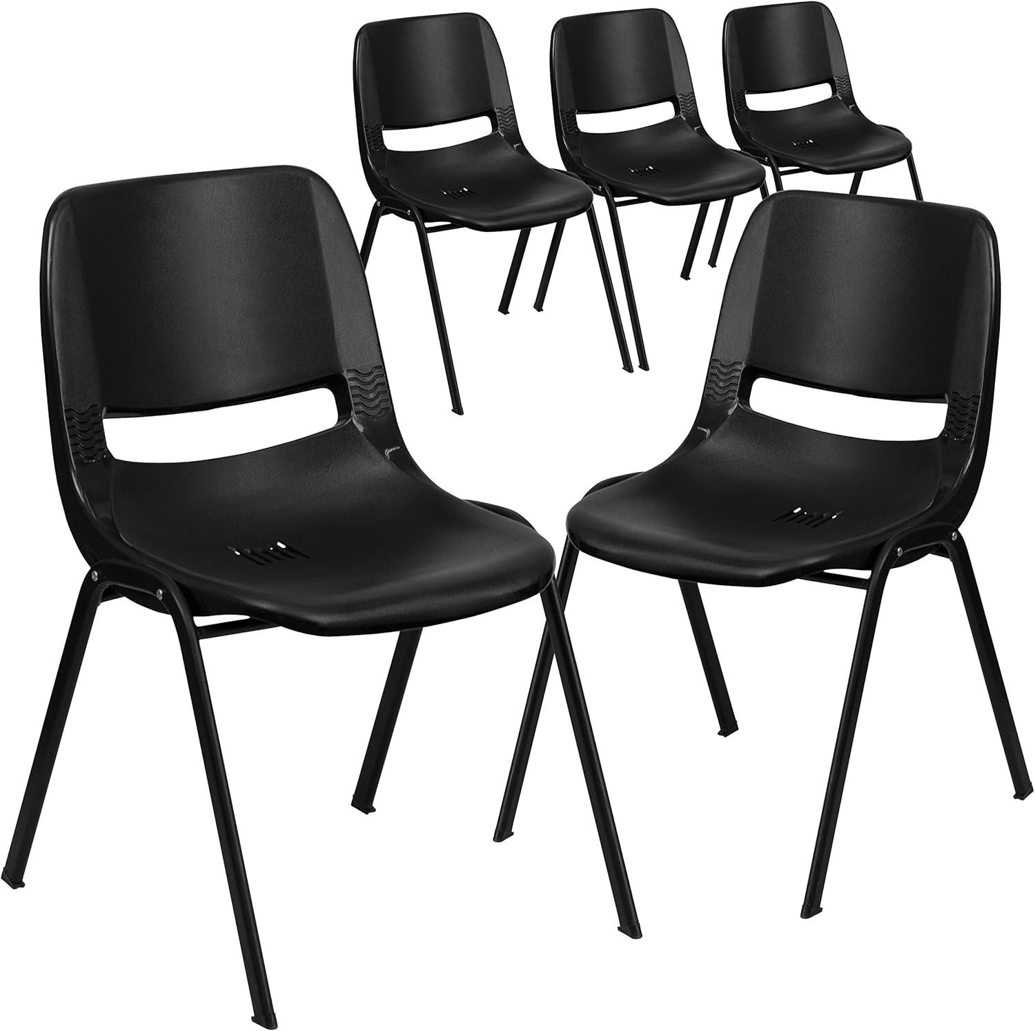 imageFlash Furniture HERCULES Series 661 lb Capacity Black Ergonomic Shell Stack Chair with Black Frame and 16 Seat HeightBlack PlasticBlack Frame