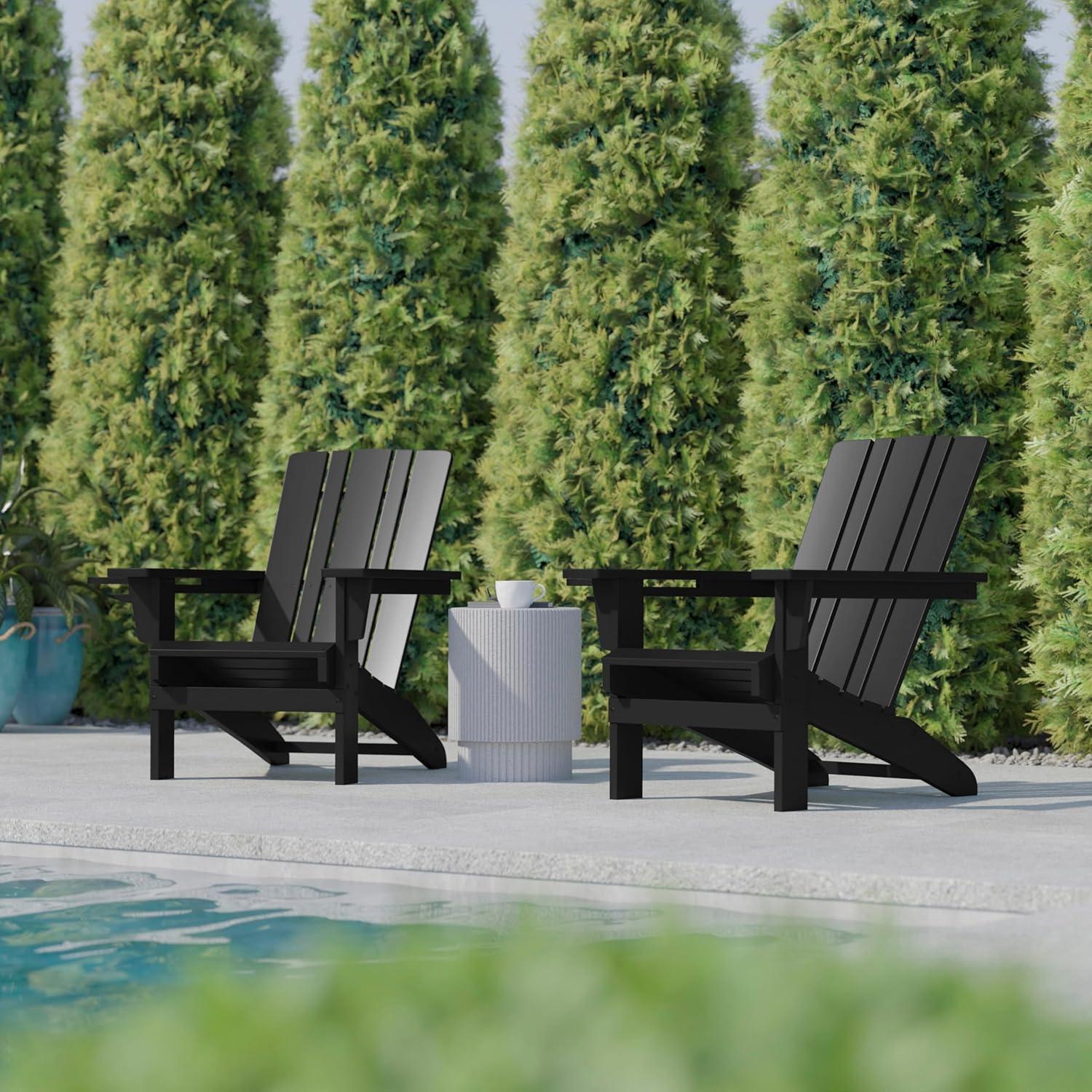 imageFlash Furniture Halifax Adirondack Chair with Cup Holder Weather Resistant Poly Resin Adirondack Chair Gray Set of 1Black