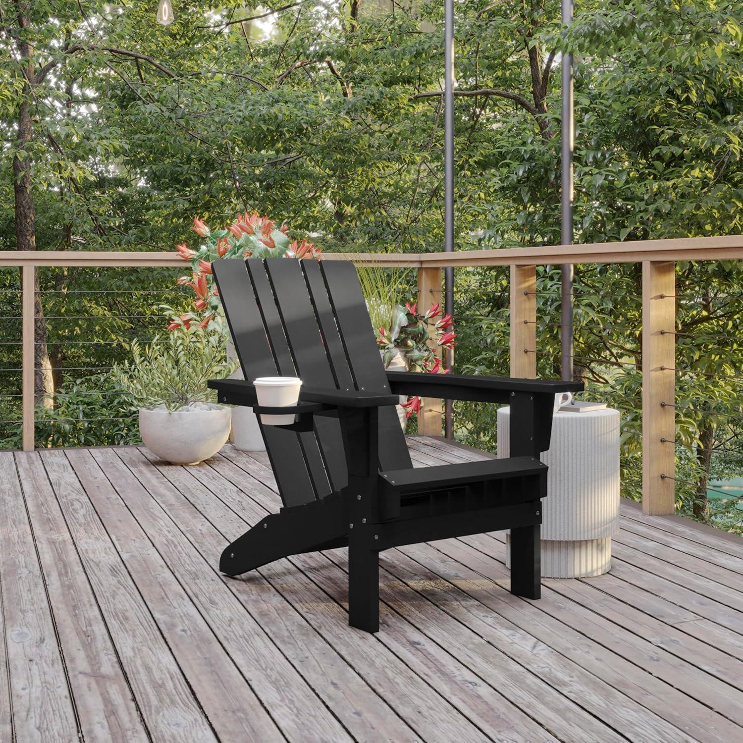 imageFlash Furniture Halifax Adirondack Chair with Cup Holder Weather Resistant Poly Resin Adirondack Chair Gray Set of 1Black