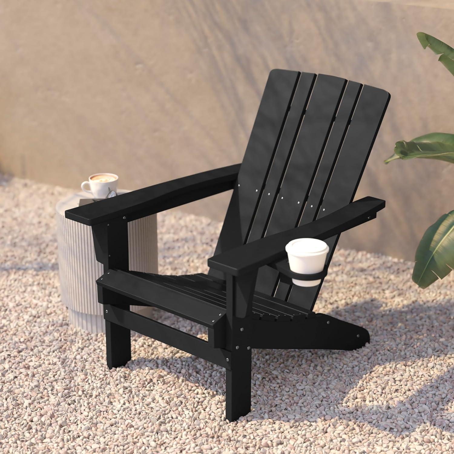 imageFlash Furniture Halifax Adirondack Chair with Cup Holder Weather Resistant Poly Resin Adirondack Chair Gray Set of 1Black