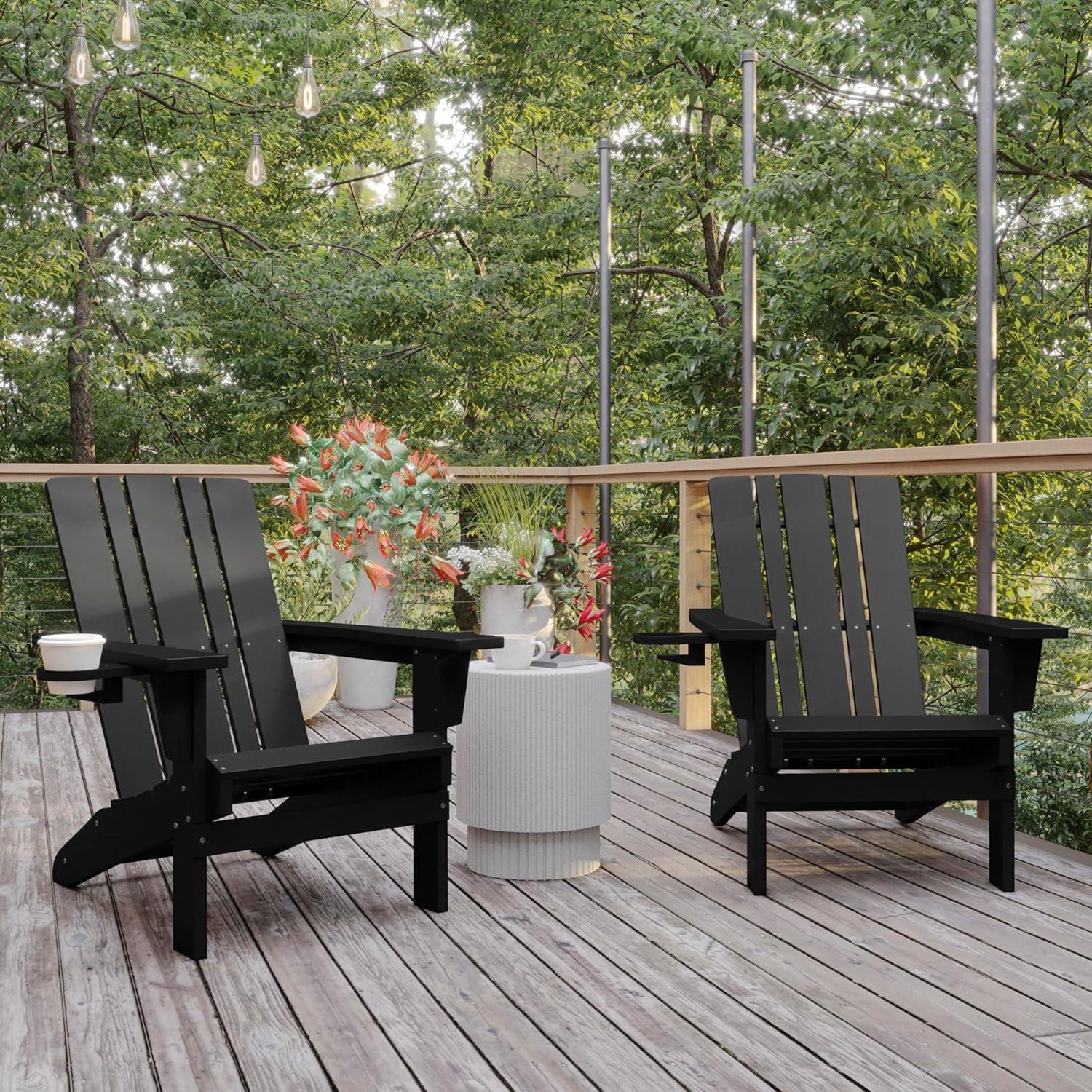 imageFlash Furniture Halifax Adirondack Chair with Cup Holder Weather Resistant Poly Resin Adirondack Chair Gray Set of 1Black