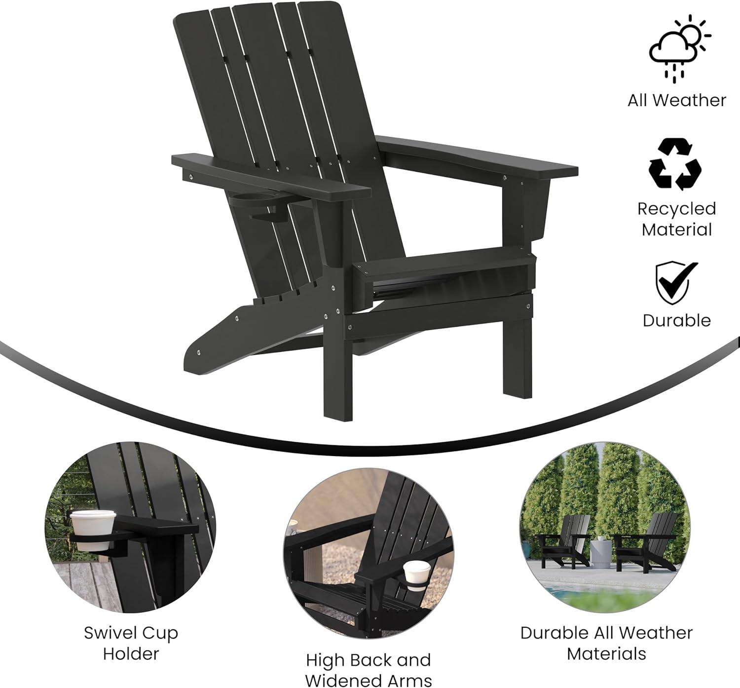 imageFlash Furniture Halifax Adirondack Chair with Cup Holder Weather Resistant Poly Resin Adirondack Chair Gray Set of 1Black