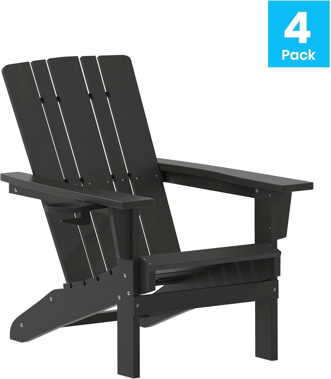 imageFlash Furniture Halifax Adirondack Chair with Cup Holder Weather Resistant Poly Resin Adirondack Chair Gray Set of 1Black