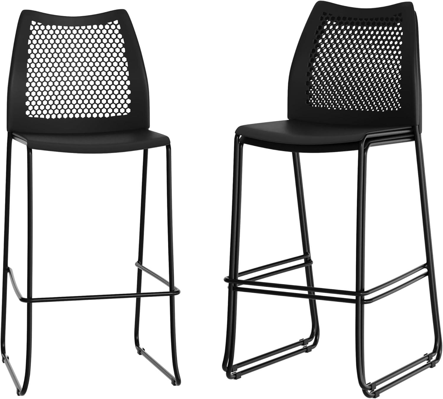 imageFlash Furniture Hercules Stacking Bar Height Stool with Vented Backrest and Gray Powder Coated Steel Sled Base with Integrated Footrest Commercial Portable Stool Set of 3 NavyBlack PlasticBlack Frame