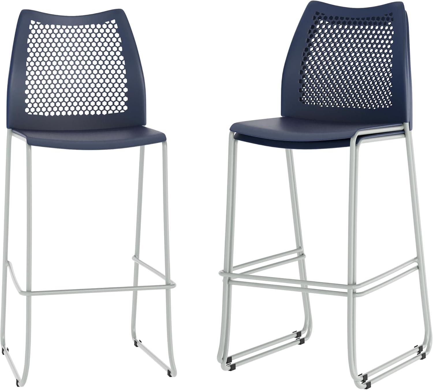 imageFlash Furniture Hercules Stacking Bar Height Stool with Vented Backrest and Gray Powder Coated Steel Sled Base with Integrated Footrest Commercial Portable Stool Set of 3 NavyNavy PlasticGray Frame