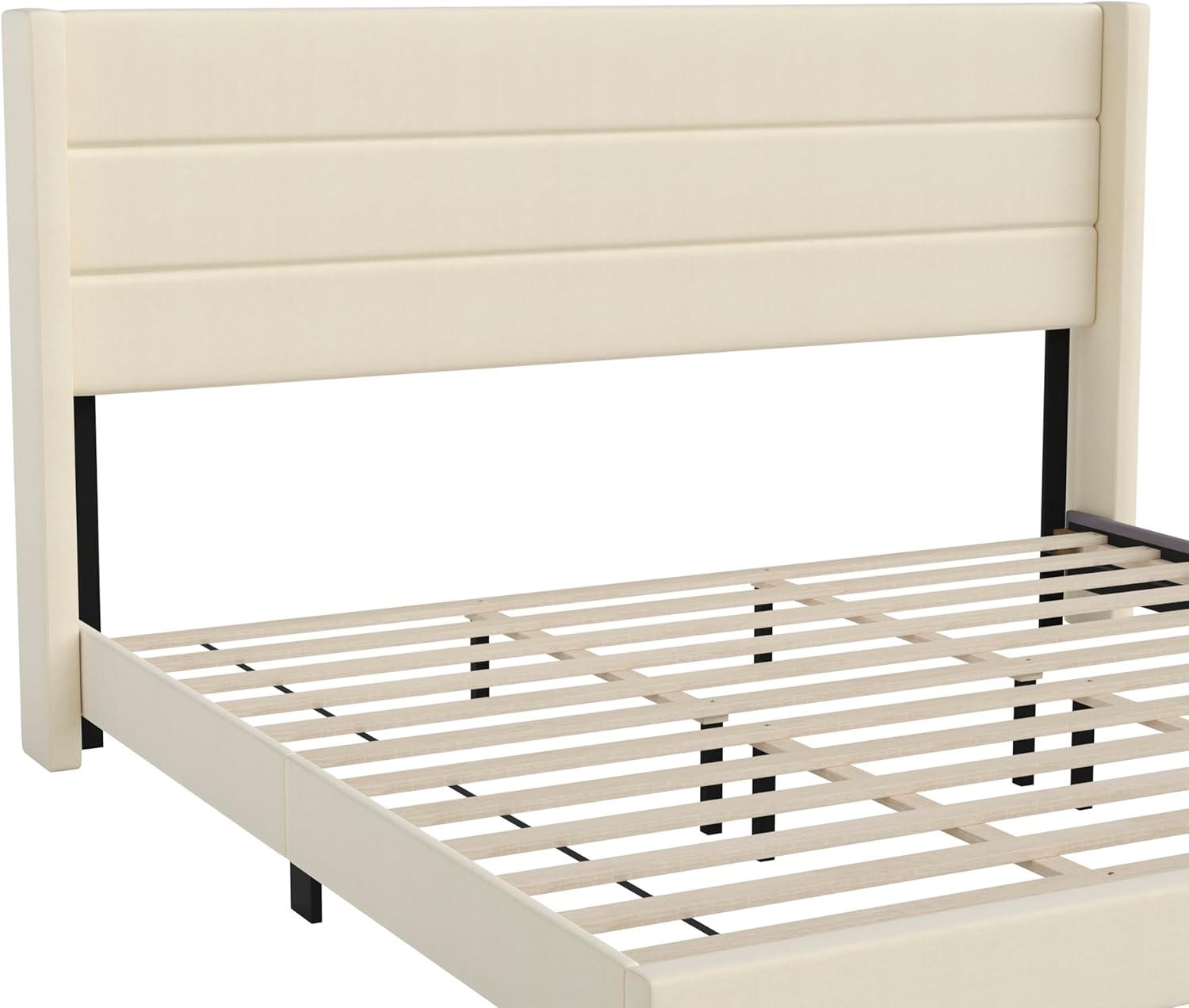 imageFlash Furniture Hollis Upholstered Platform Bed Gray Faux Linen Wingback Headboard King Mattress Foundation with Slatted Supports No Box Spring NeededBeige