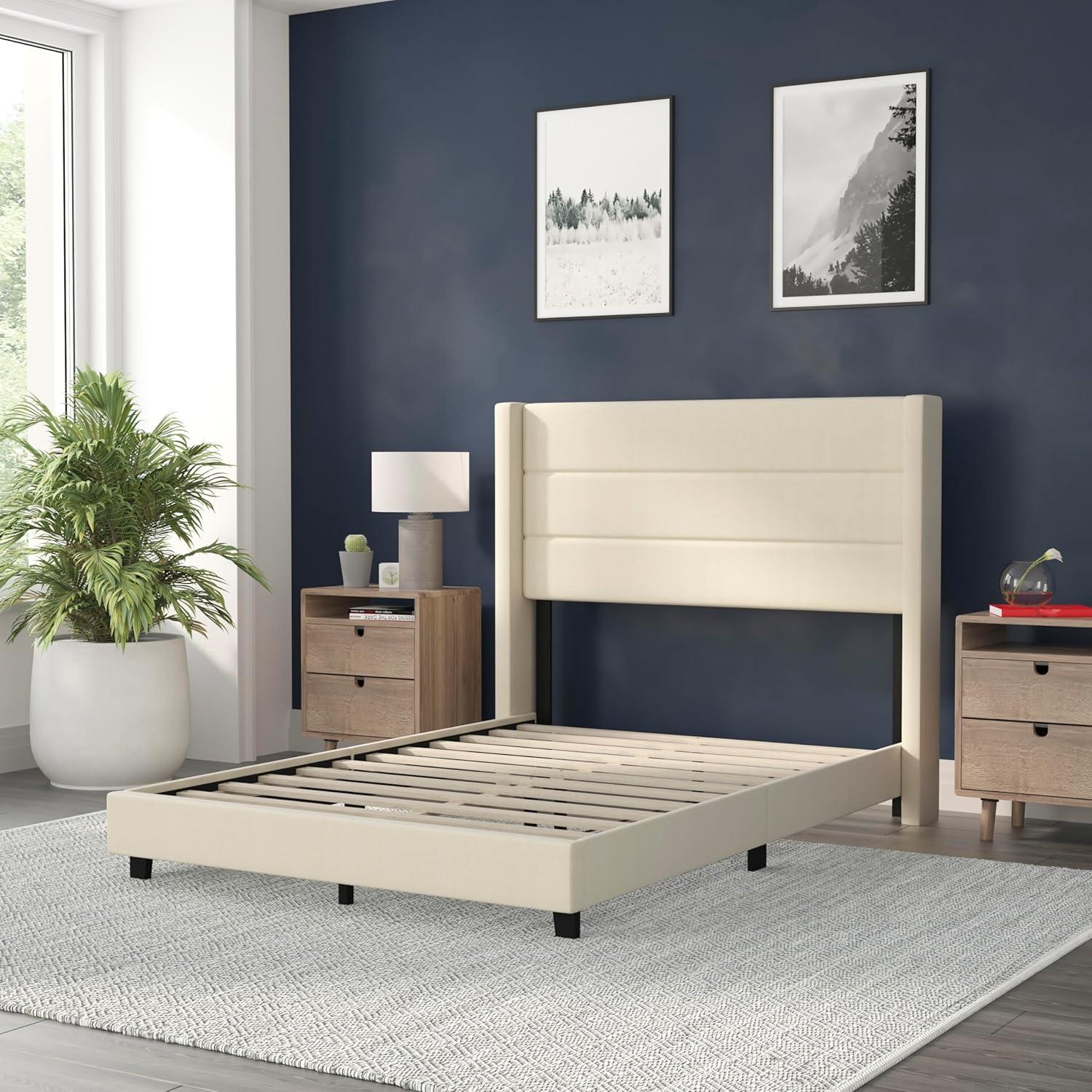 imageFlash Furniture Hollis Upholstered Platform Bed Gray Faux Linen Wingback Headboard King Mattress Foundation with Slatted Supports No Box Spring NeededBeige