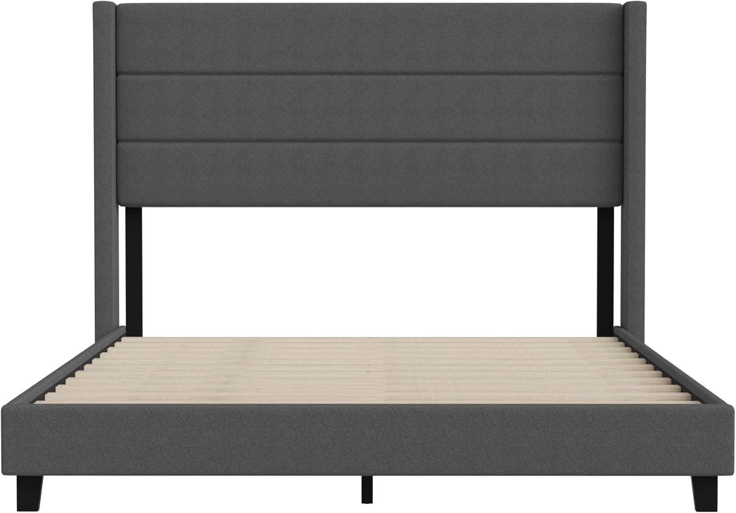 imageFlash Furniture Hollis Upholstered Platform Bed Gray Faux Linen Wingback Headboard King Mattress Foundation with Slatted Supports No Box Spring NeededCharcoal