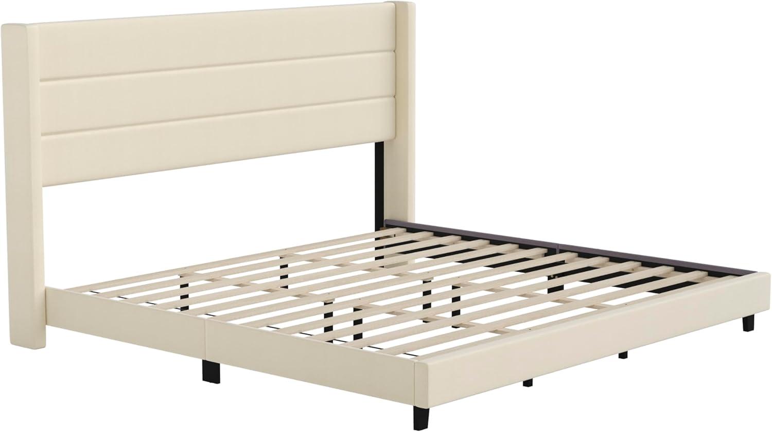 imageFlash Furniture Hollis Upholstered Platform Bed Gray Faux Linen Wingback Headboard King Mattress Foundation with Slatted Supports No Box Spring NeededBeige