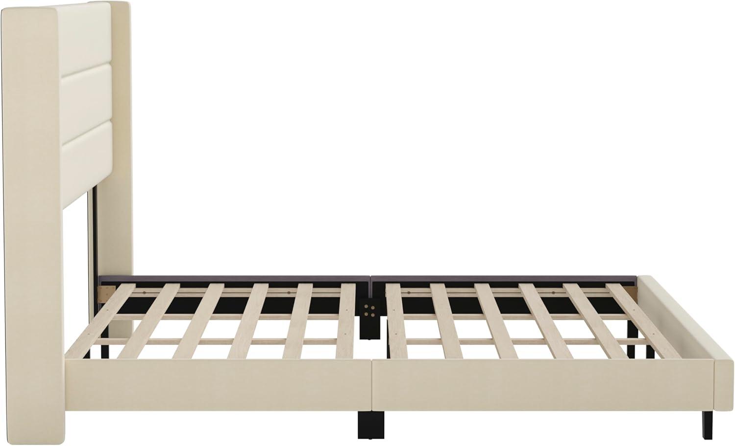 imageFlash Furniture Hollis Upholstered Platform Bed Gray Faux Linen Wingback Headboard King Mattress Foundation with Slatted Supports No Box Spring NeededBeige