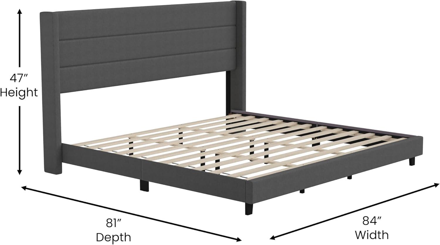 imageFlash Furniture Hollis Upholstered Platform Bed Gray Faux Linen Wingback Headboard King Mattress Foundation with Slatted Supports No Box Spring NeededCharcoal