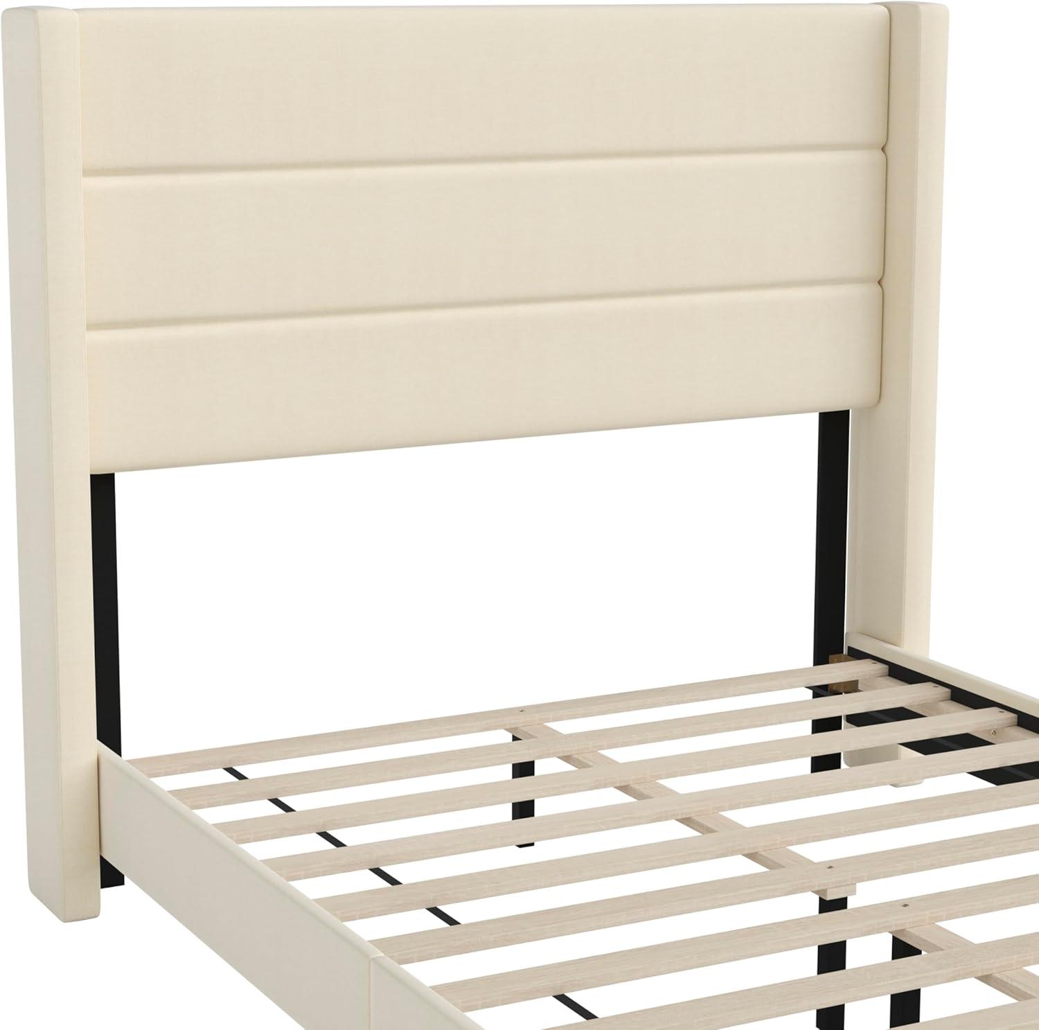 imageFlash Furniture Hollis Upholstered Platform Bed Gray Faux Linen Wingback Headboard King Mattress Foundation with Slatted Supports No Box Spring NeededBeige