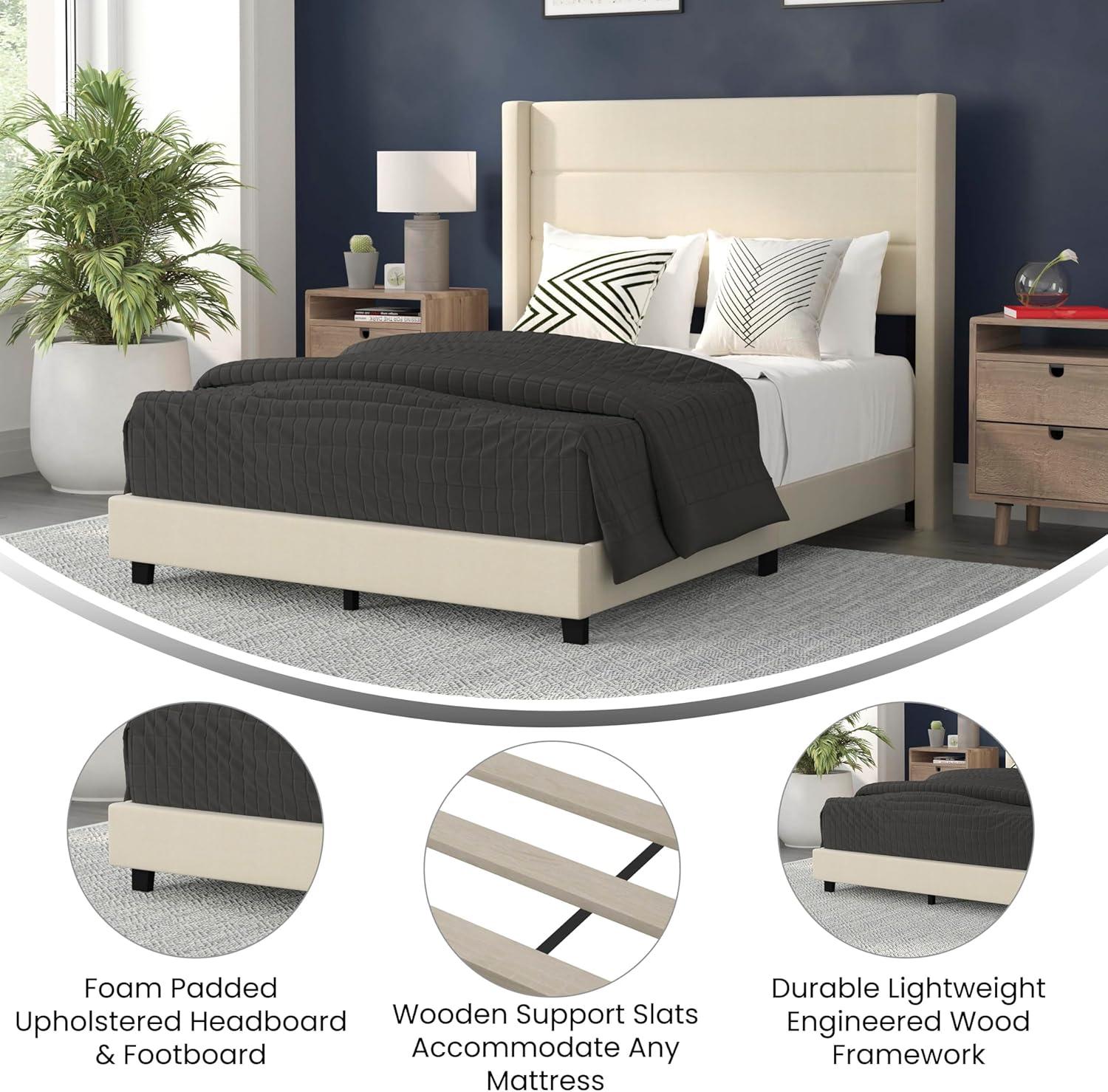 imageFlash Furniture Hollis Upholstered Platform Bed Gray Faux Linen Wingback Headboard King Mattress Foundation with Slatted Supports No Box Spring NeededBeige