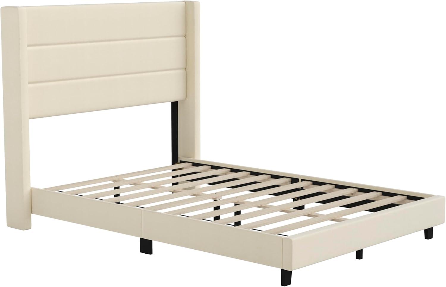 imageFlash Furniture Hollis Upholstered Platform Bed Gray Faux Linen Wingback Headboard King Mattress Foundation with Slatted Supports No Box Spring NeededBeige