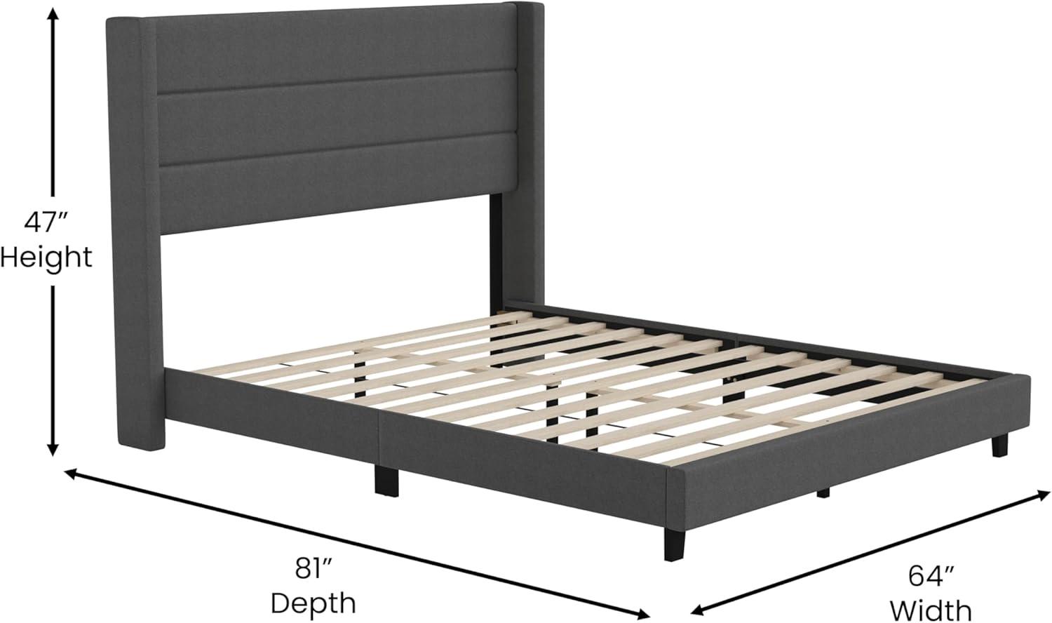 imageFlash Furniture Hollis Upholstered Platform Bed Gray Faux Linen Wingback Headboard King Mattress Foundation with Slatted Supports No Box Spring NeededCharcoal