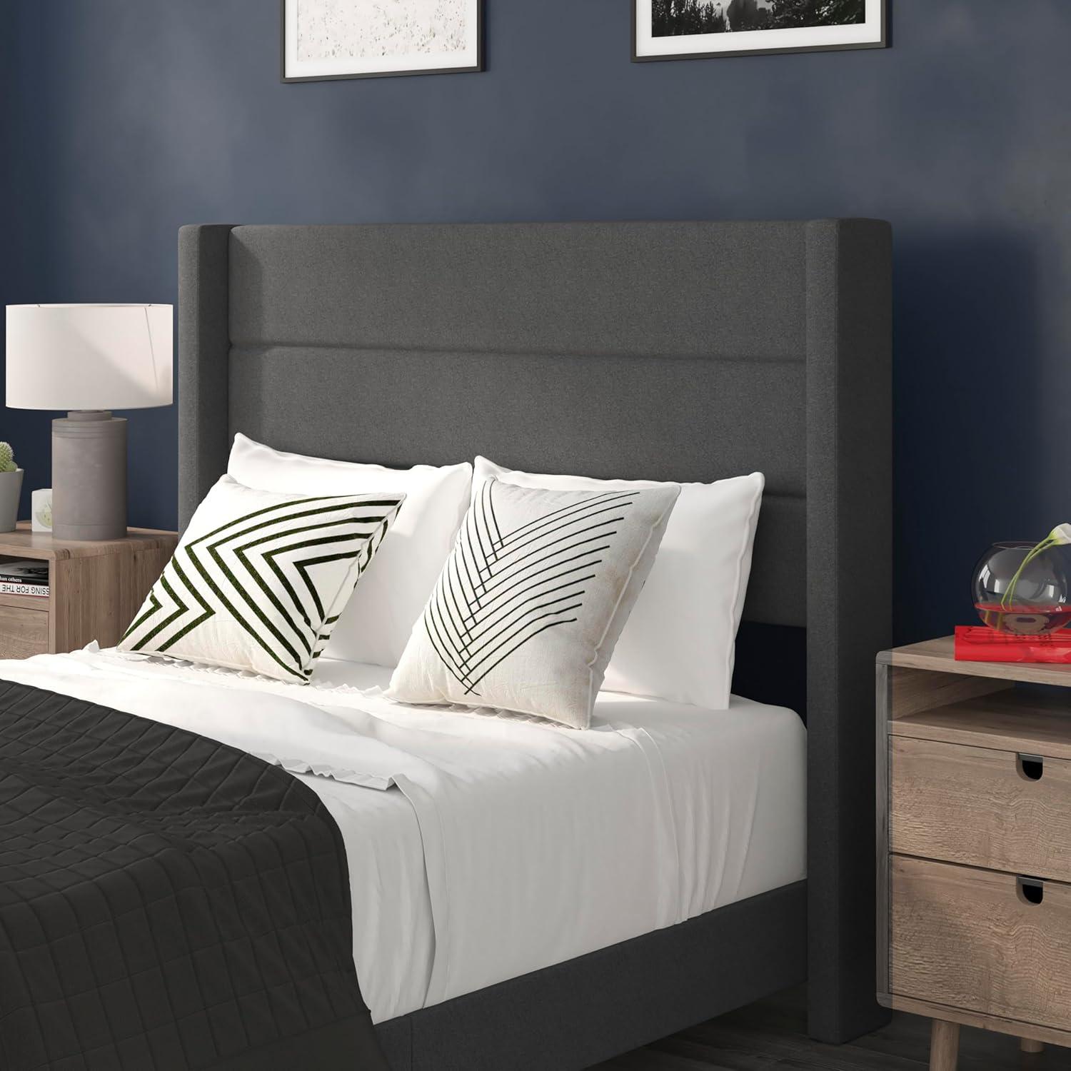 imageFlash Furniture Hollis Upholstered Platform Bed Gray Faux Linen Wingback Headboard King Mattress Foundation with Slatted Supports No Box Spring NeededCharcoal