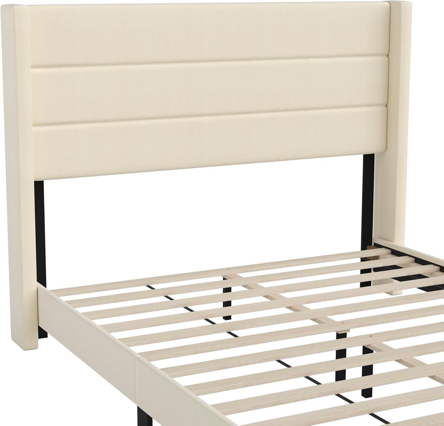 imageFlash Furniture Hollis Upholstered Platform Bed Gray Faux Linen Wingback Headboard King Mattress Foundation with Slatted Supports No Box Spring NeededBeige