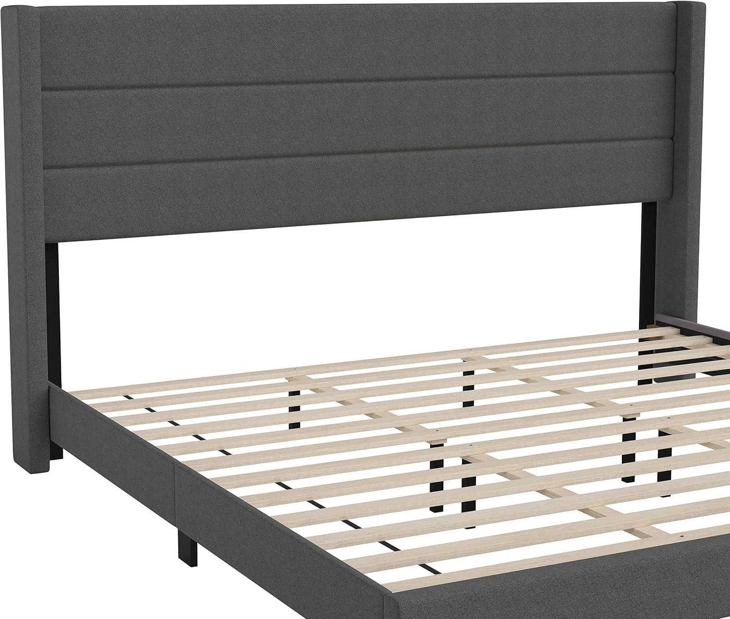 imageFlash Furniture Hollis Upholstered Platform Bed Gray Faux Linen Wingback Headboard King Mattress Foundation with Slatted Supports No Box Spring NeededCharcoal