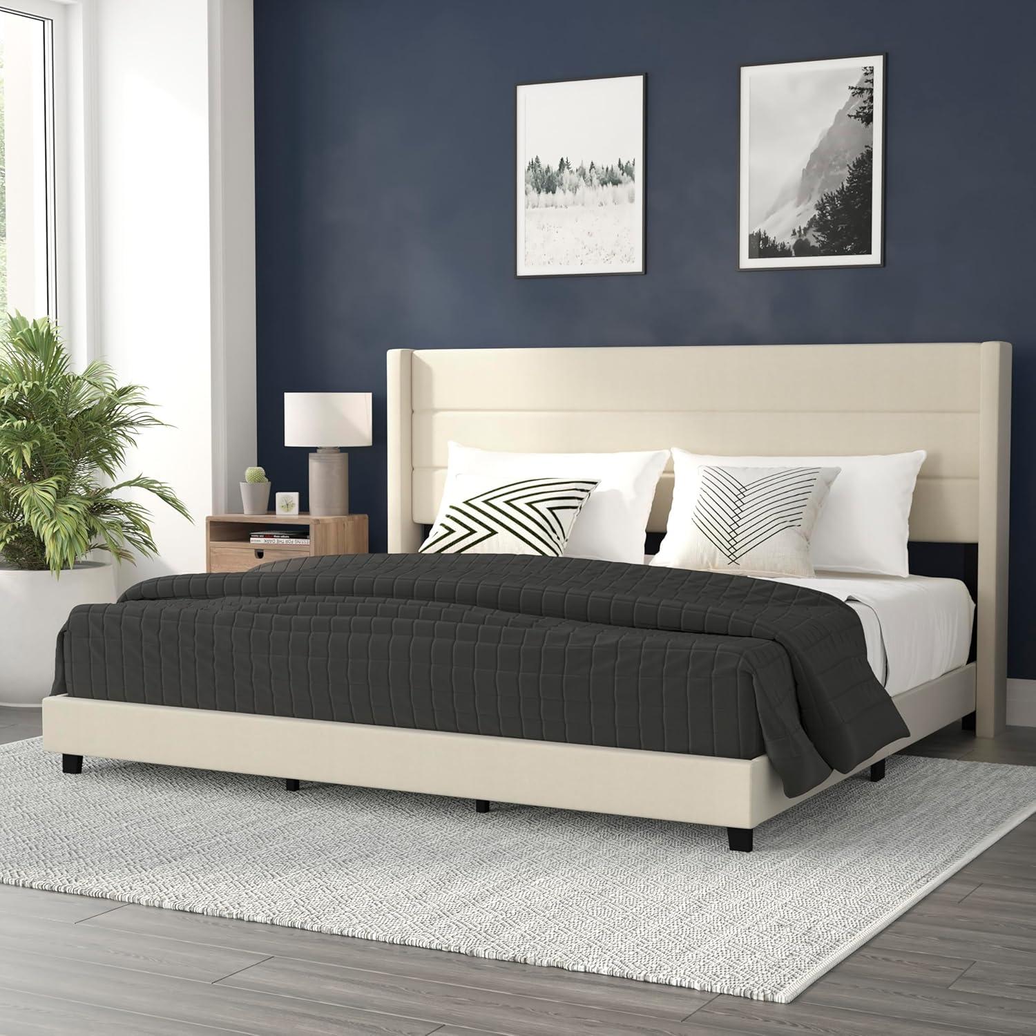 imageFlash Furniture Hollis Upholstered Platform Bed Gray Faux Linen Wingback Headboard King Mattress Foundation with Slatted Supports No Box Spring NeededBeige