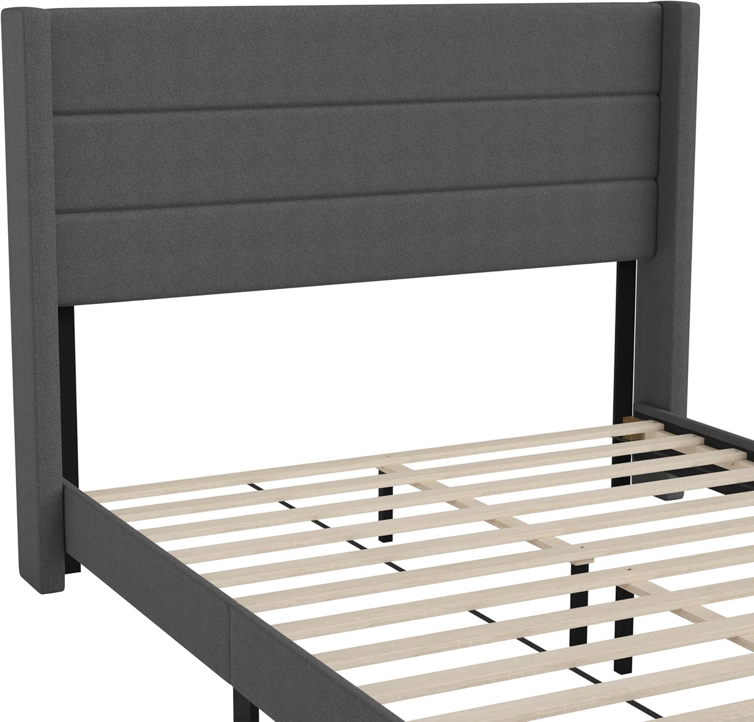 imageFlash Furniture Hollis Upholstered Platform Bed Gray Faux Linen Wingback Headboard King Mattress Foundation with Slatted Supports No Box Spring NeededCharcoal