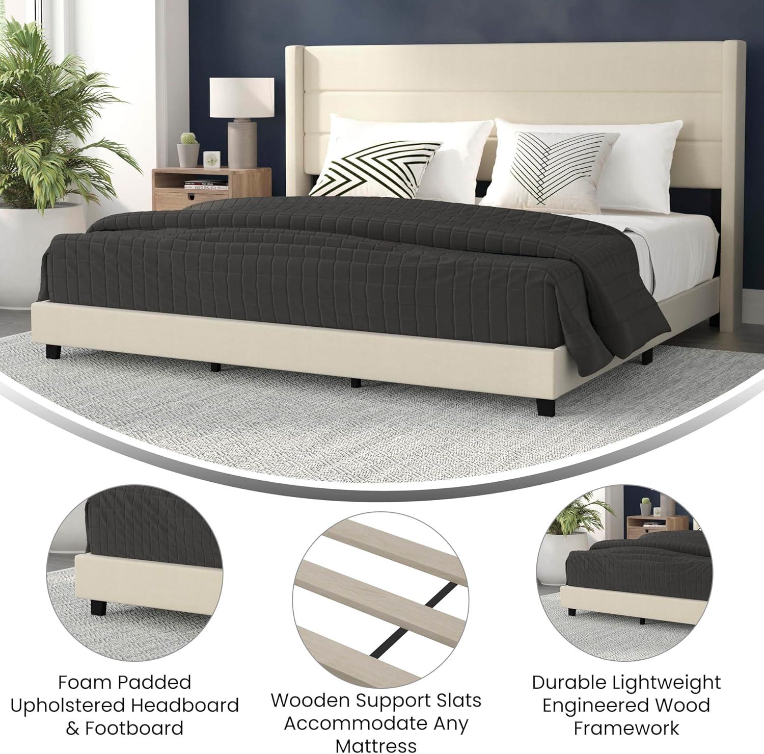 imageFlash Furniture Hollis Upholstered Platform Bed Gray Faux Linen Wingback Headboard King Mattress Foundation with Slatted Supports No Box Spring NeededBeige