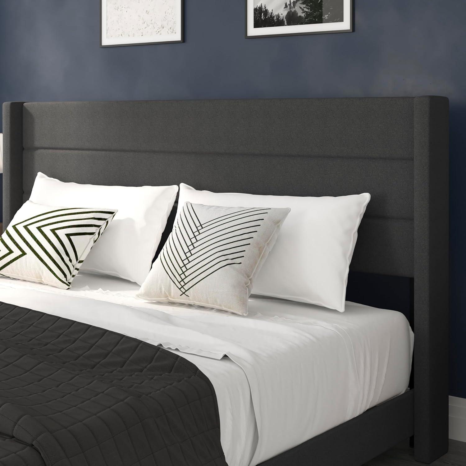 imageFlash Furniture Hollis Upholstered Platform Bed Gray Faux Linen Wingback Headboard King Mattress Foundation with Slatted Supports No Box Spring NeededCharcoal